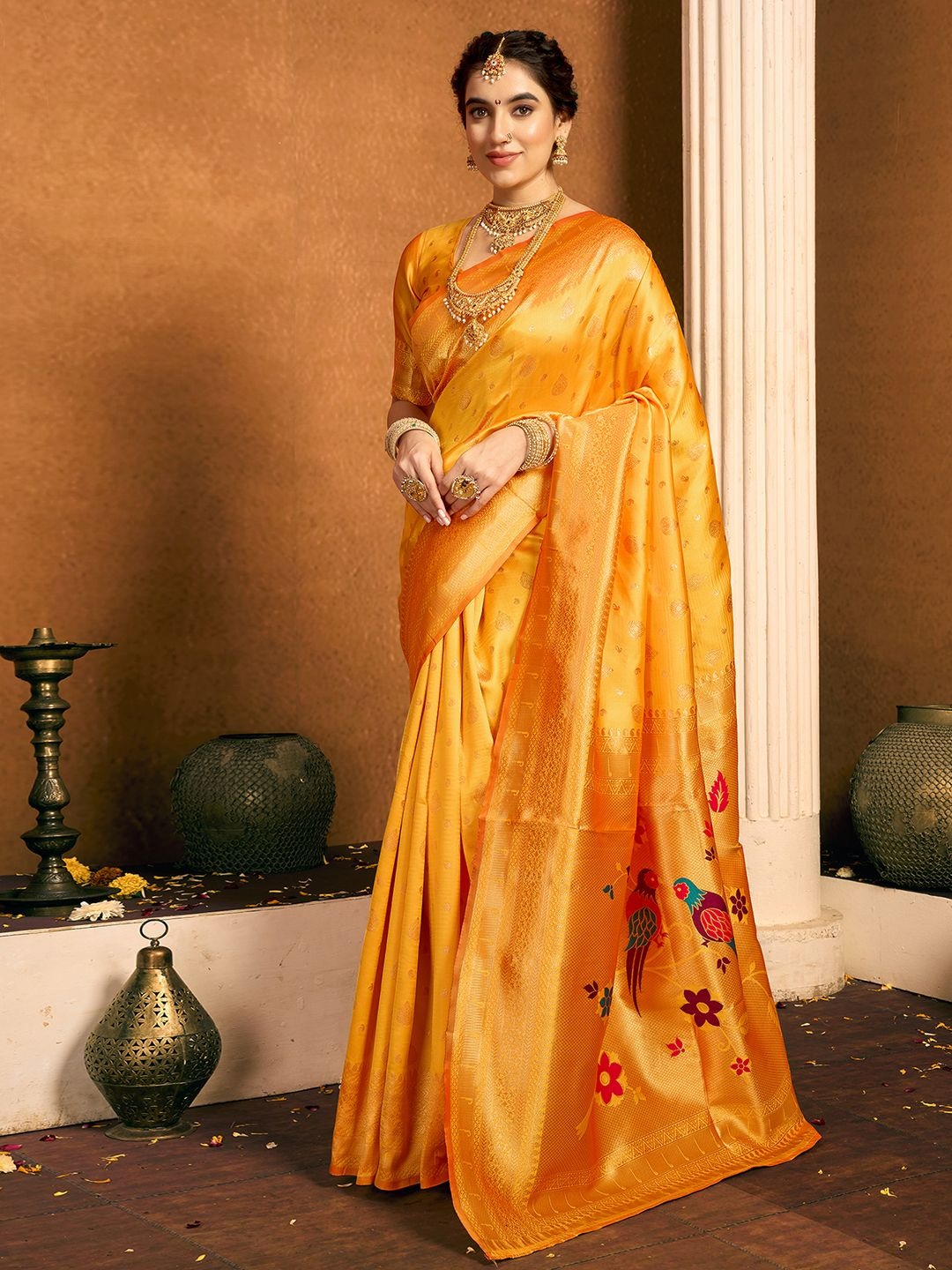 

KALINI Woven Design Zari Paithani Saree, Orange