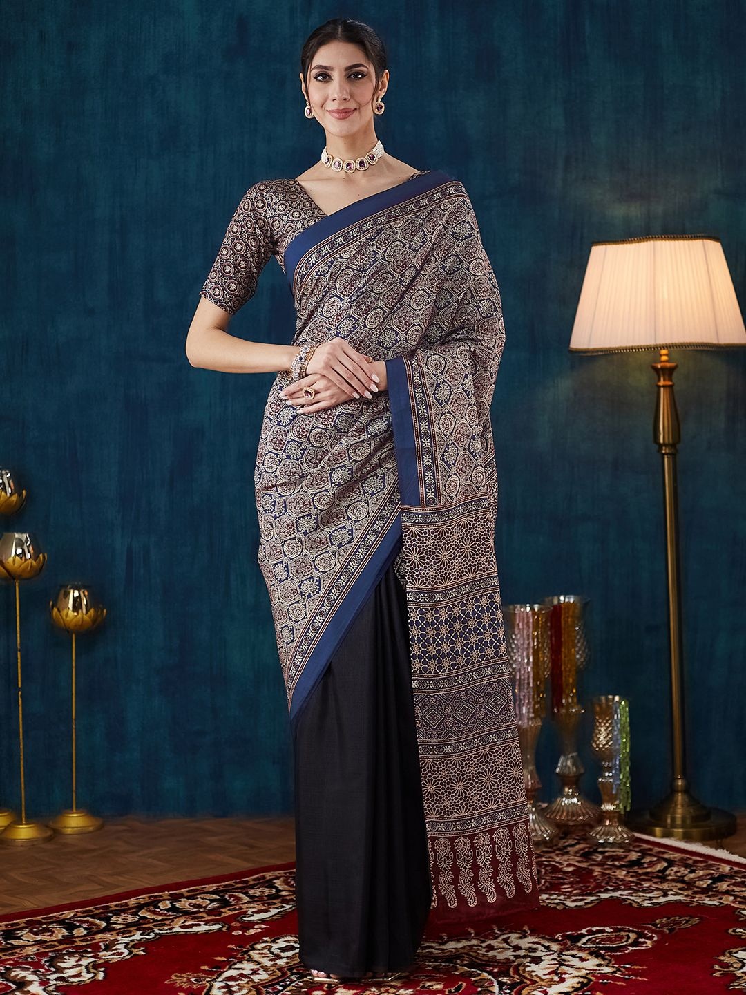 

KALINI Ajrak Block Printed Pure Half and Half Saree, Blue