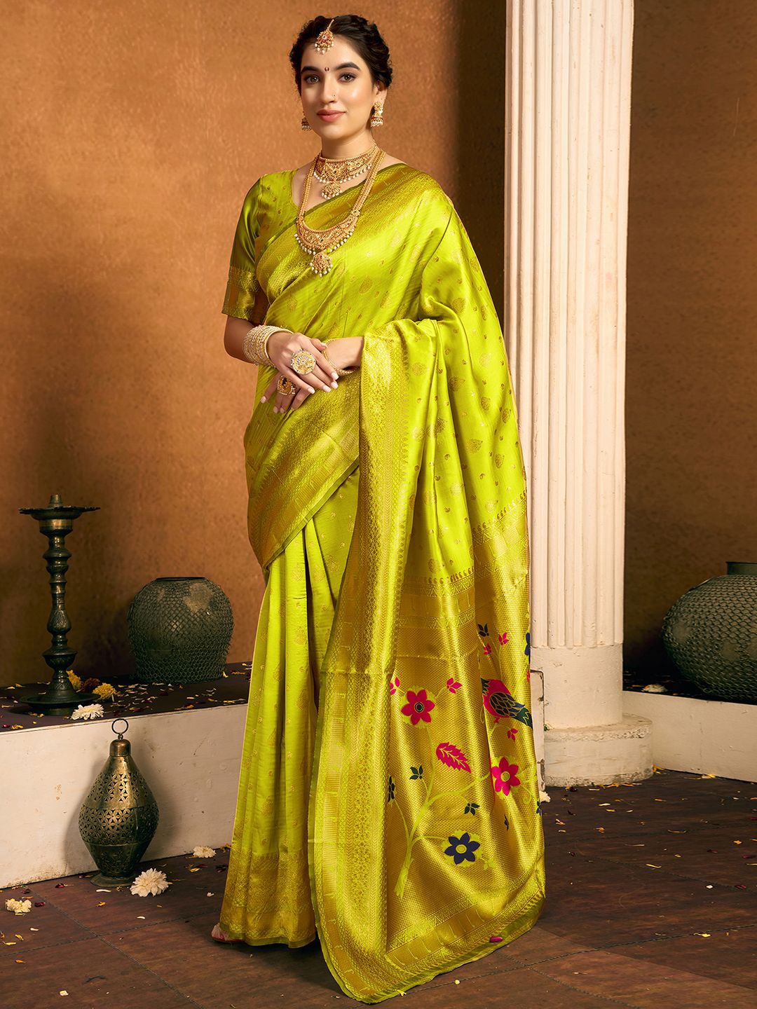 

KALINI Woven Design Zari Paithani Saree, Green