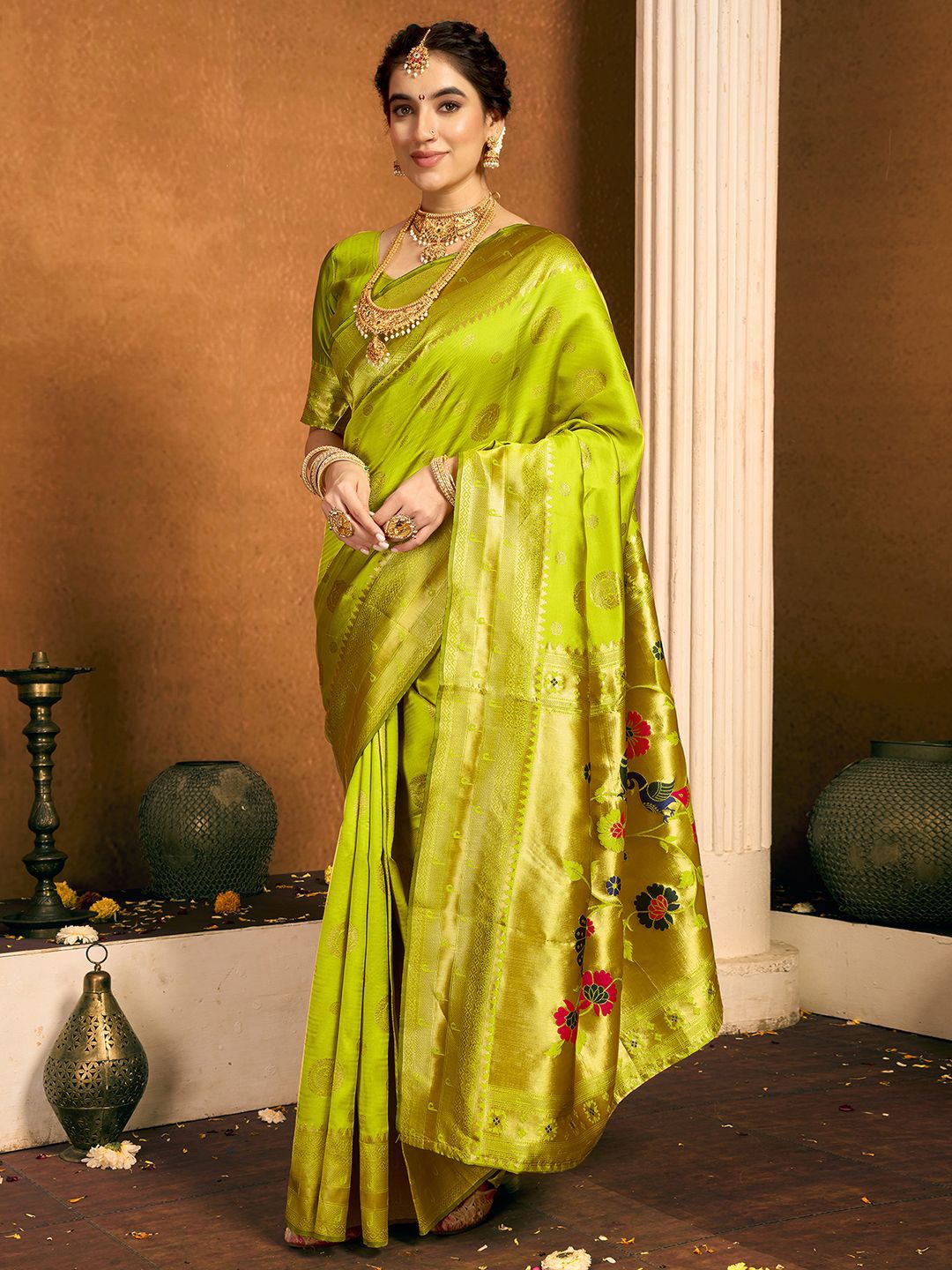 

KALINI Woven Design Zari Paithani Saree, Green