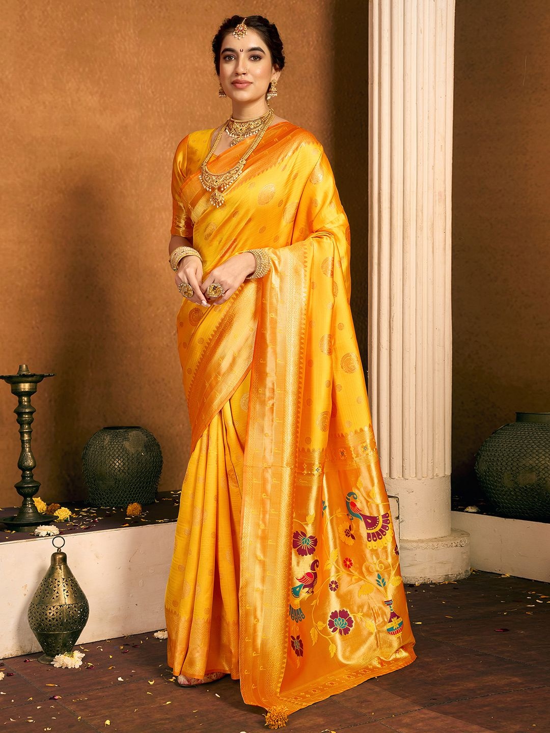 

KALINI Woven Design Zari Designer Paithani Saree, Orange