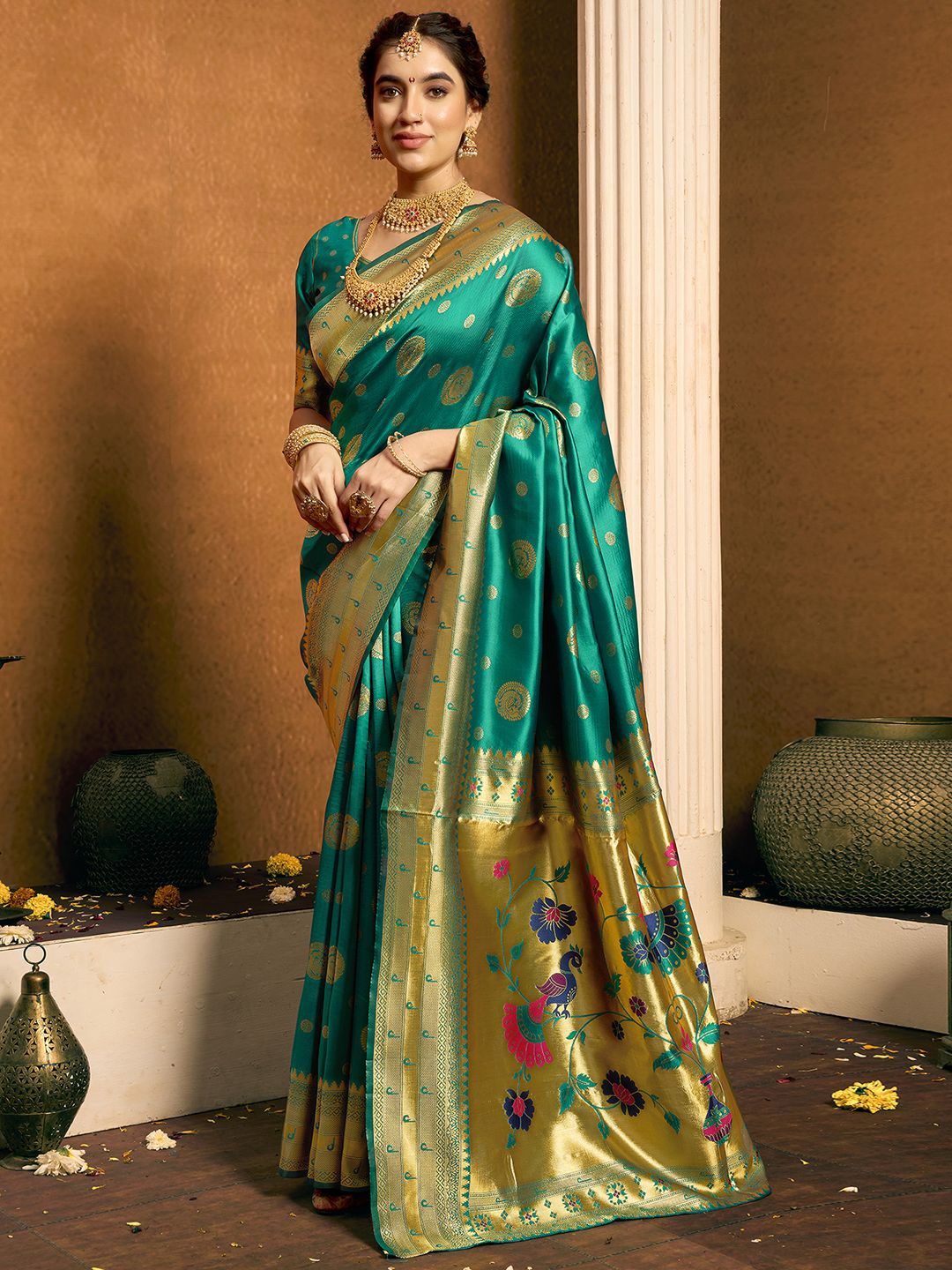 

KALINI Woven Design Zari Silk Blend Paithani Saree, Green