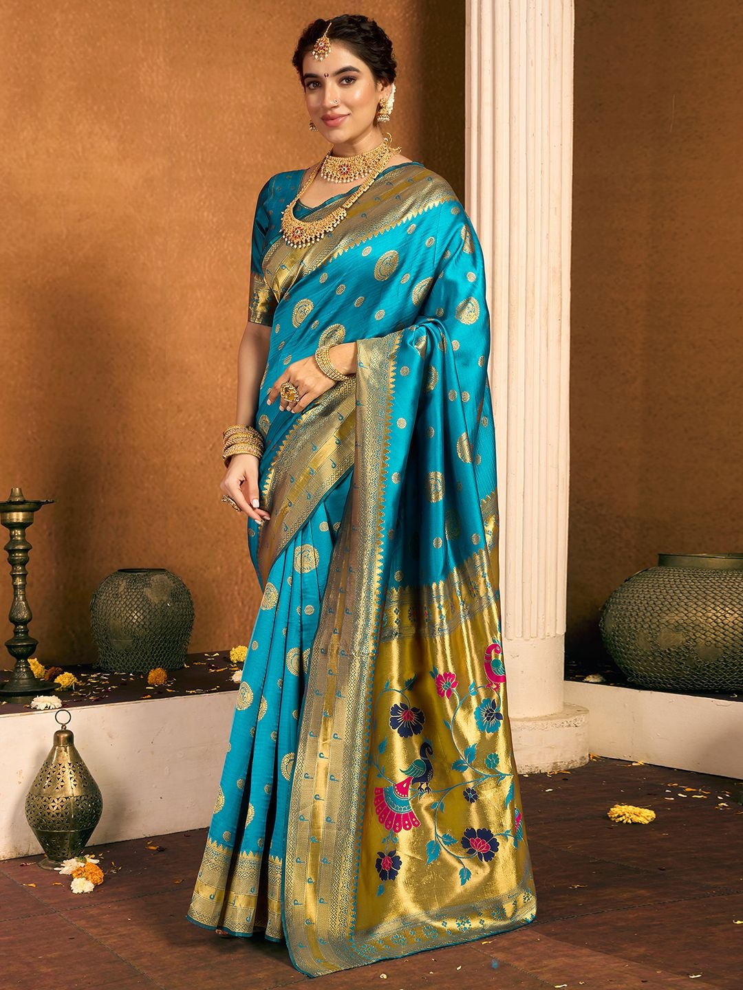 

KALINI Woven Design Zari Paithani Saree, Blue