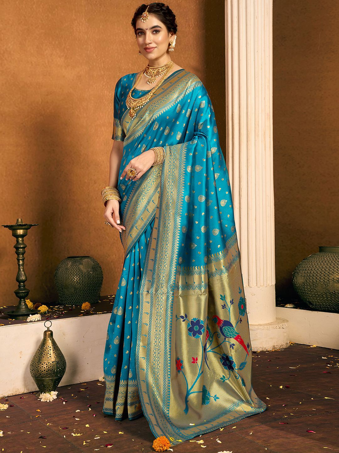 

KALINI Woven Design Paithani Saree, Blue