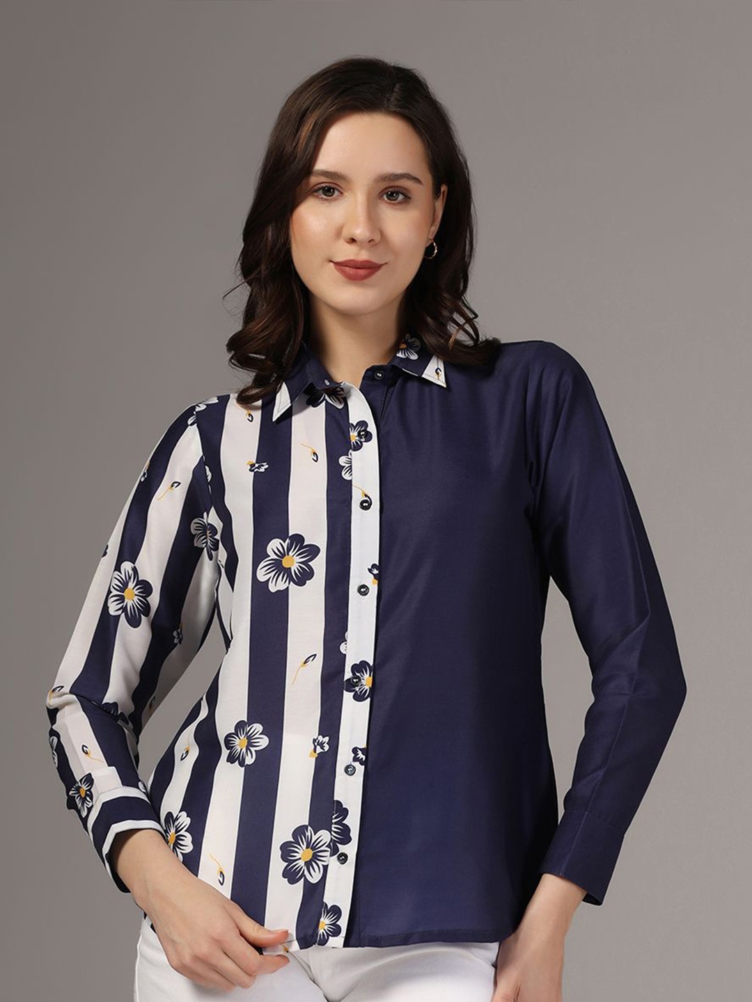 

Moda Rapido Women Spread Collar Floral Printed Cotton Casual Shirt, Navy blue