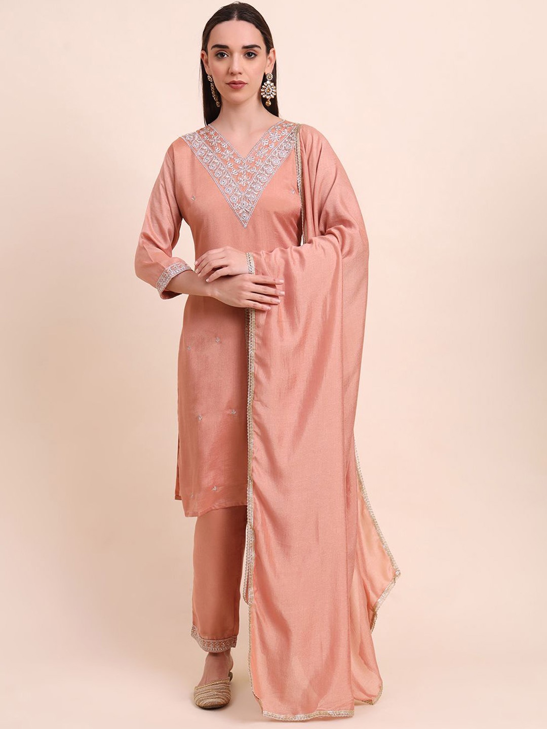 

HERE&NOW Floral Embroidered Zari V-Neck Straight Kurta With Trouser And Dupatta, Peach