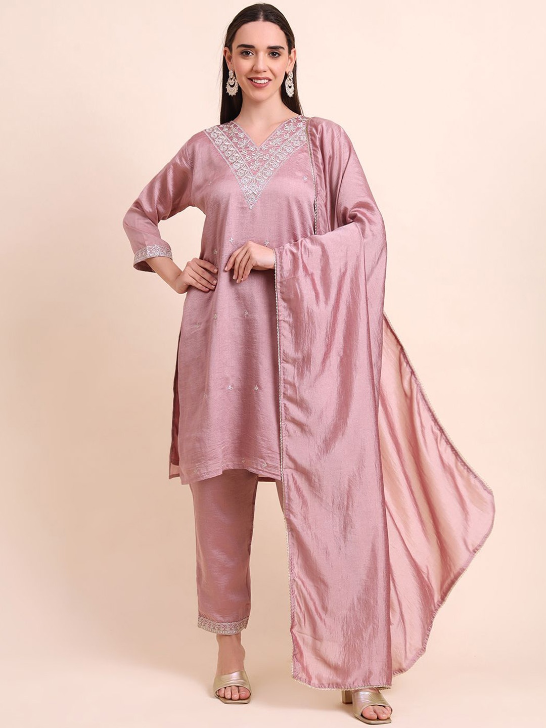 

HERE&NOW Floral Embroidered Zari V-Neck Straight Kurta With Trouser And Dupatta, Mauve