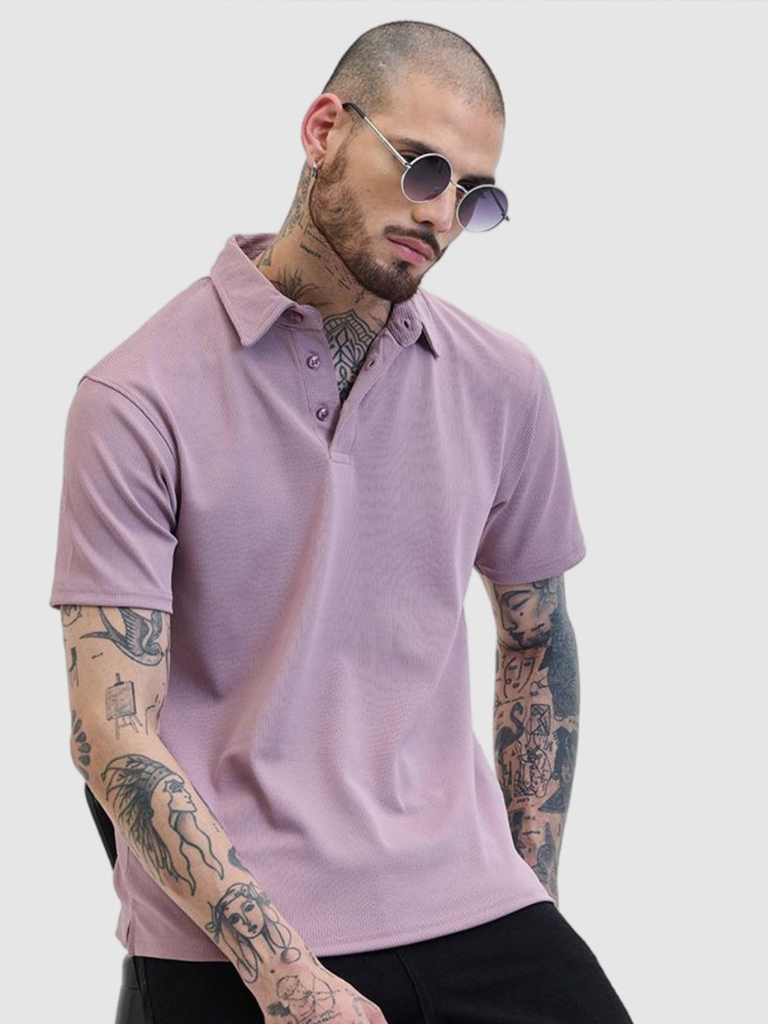 

Snitch Men Polo Collar Self Design Slim Fit Casual T-shirt, Lavender