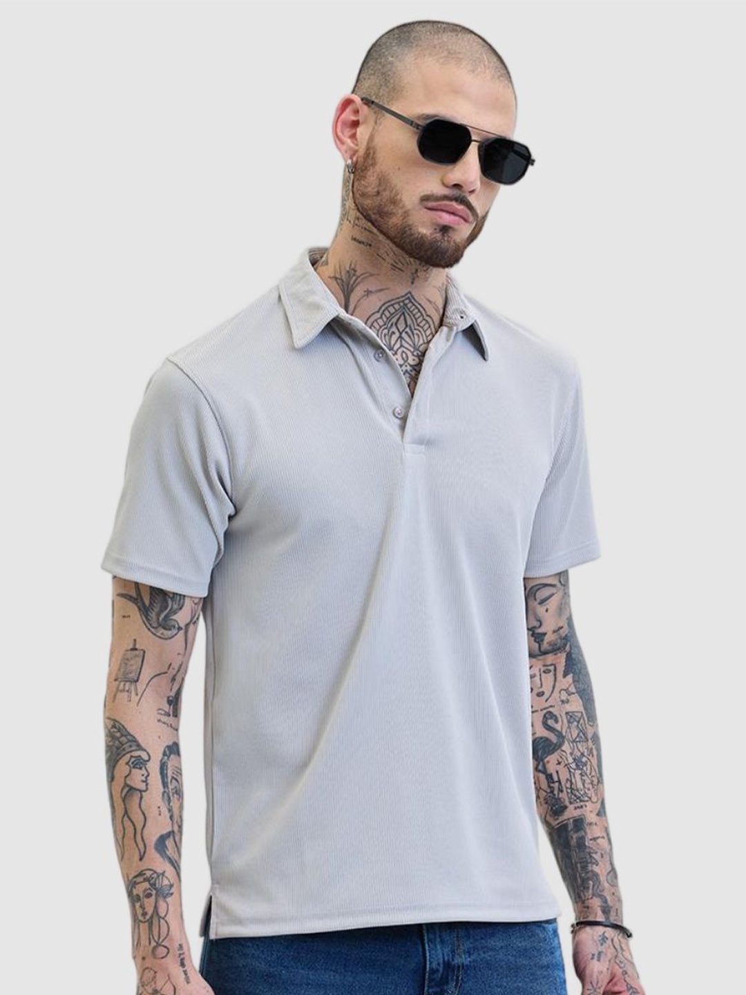 

Snitch Men Polo Collar Self Design Slim Fit Casual T-shirt, Grey