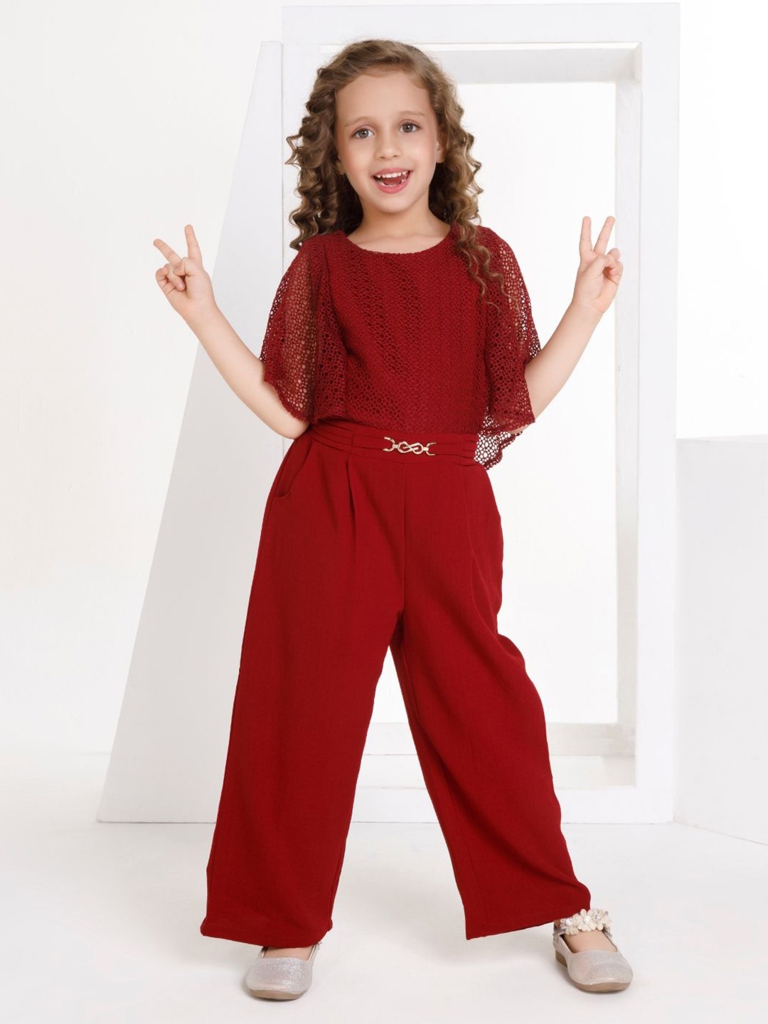 

Peppermint Girls Basic Jumpsuit with Lace Inserts, Maroon