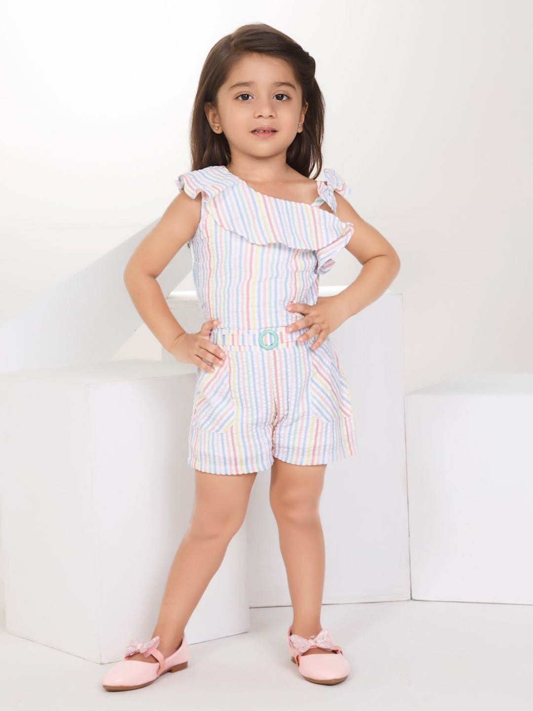 

Peppermint Girls Striped Layered Cotton Jumpsuit, White