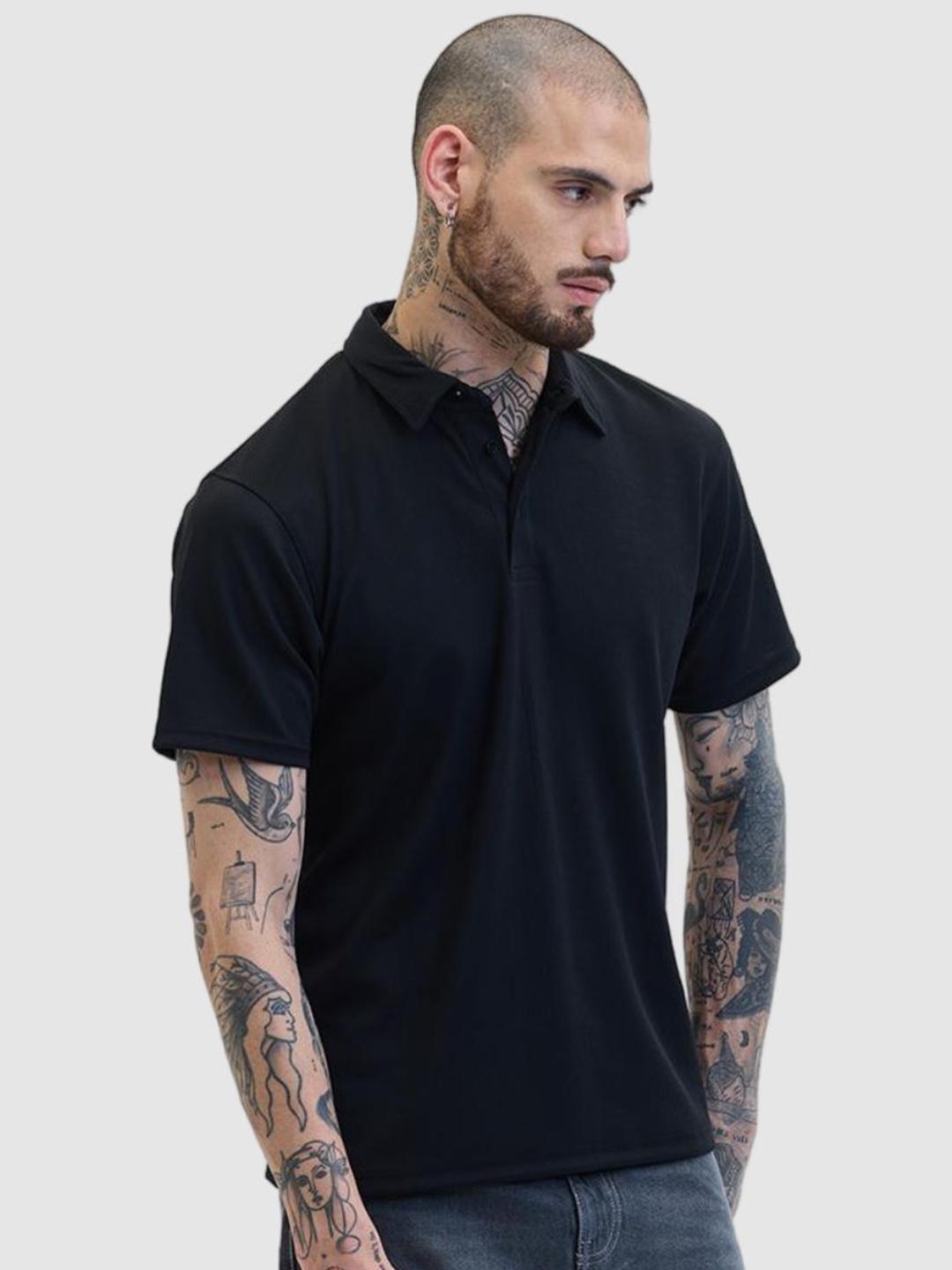 

Snitch Men Polo Collar Solid Slim Fit Casual T-shirt, Black