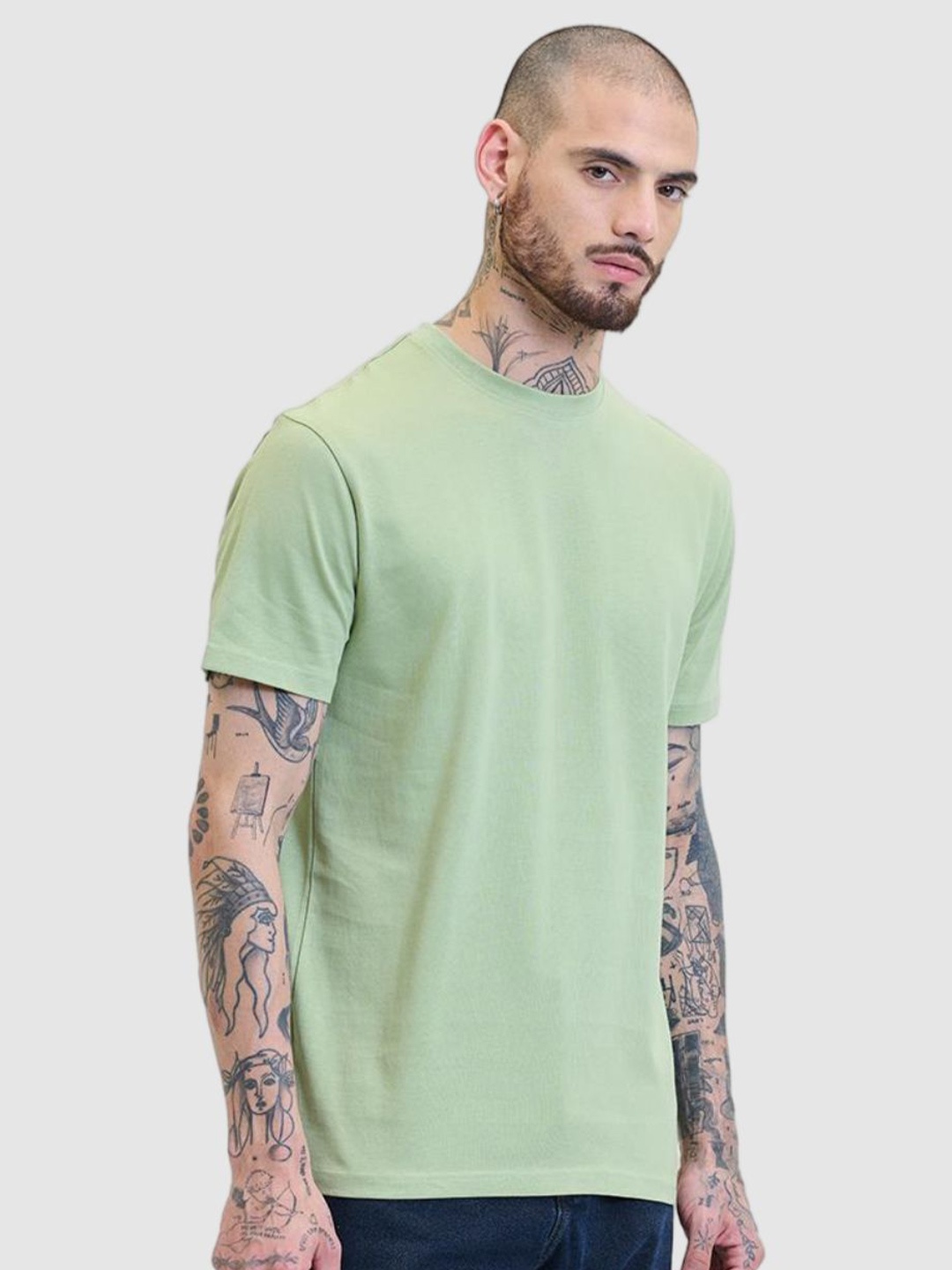 

Snitch Men Round Neck Solid Cotton Casual T-shirt, Green