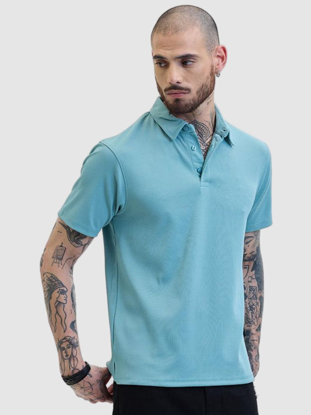 

Snitch Men Polo Collar Self Design Slim Fit Casual T-shirt, Blue