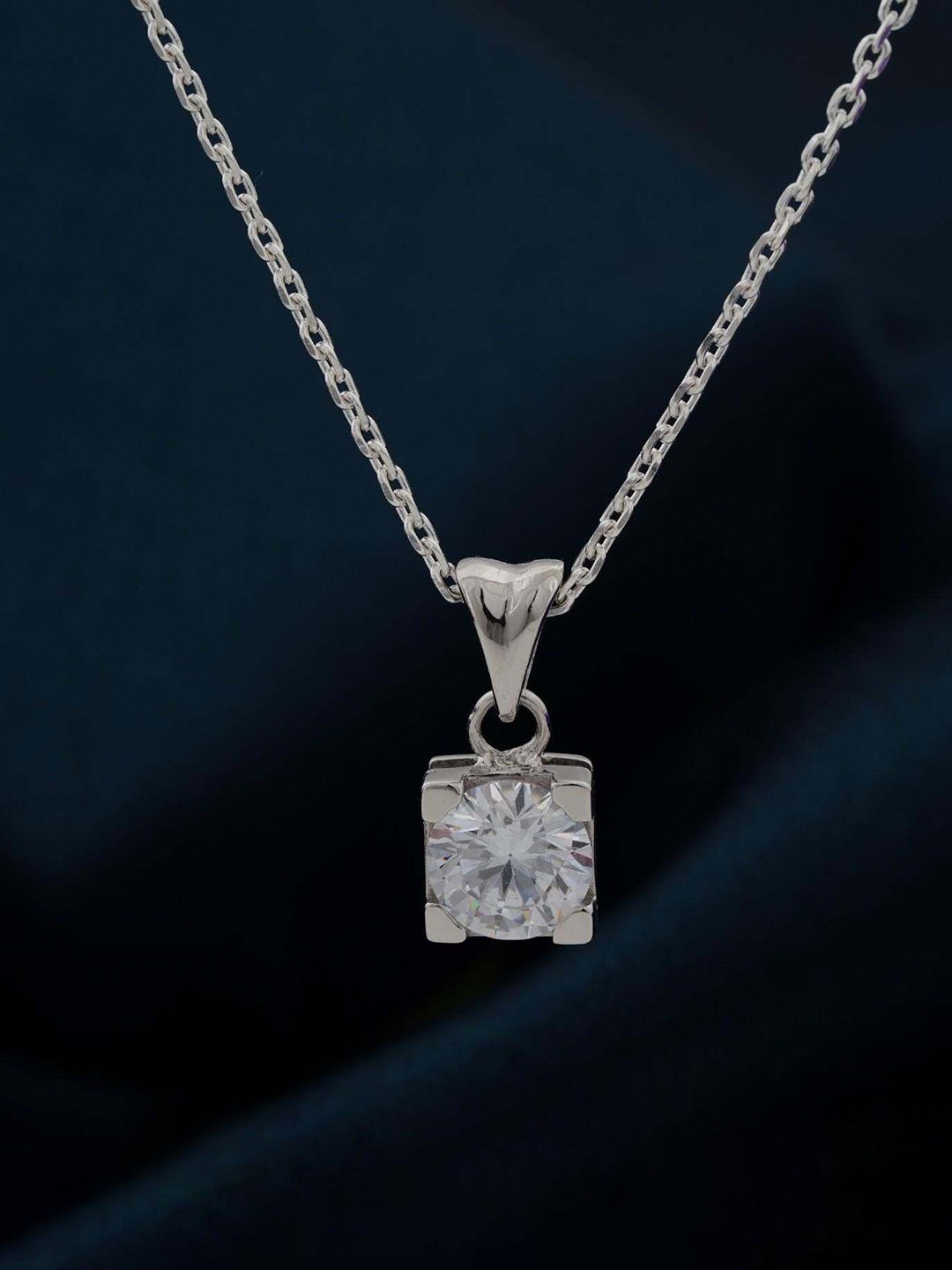 

Zalkari Sterling Silver Rhodium-Plated CZ-Studded Classy Solitaire Square Pendant