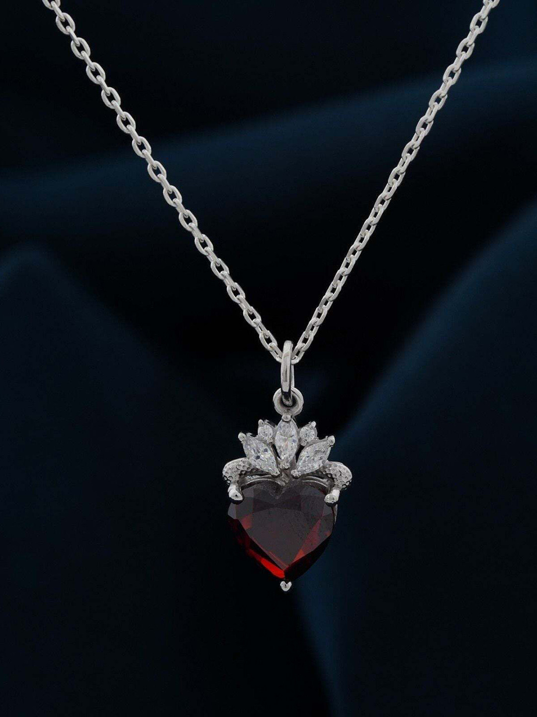 

Zalkari Sterling Silver Rhodium-Plated Cubic Zirconia-Studded Heart Crown Pendant