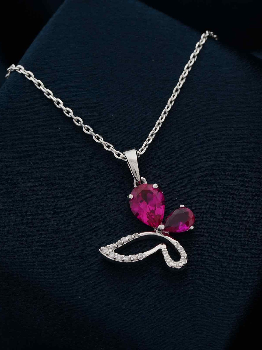 

Zalkari Sterling Silver Rhodium-Plated Cubic Zirconia-Studded Butterfly Shaped Pendant