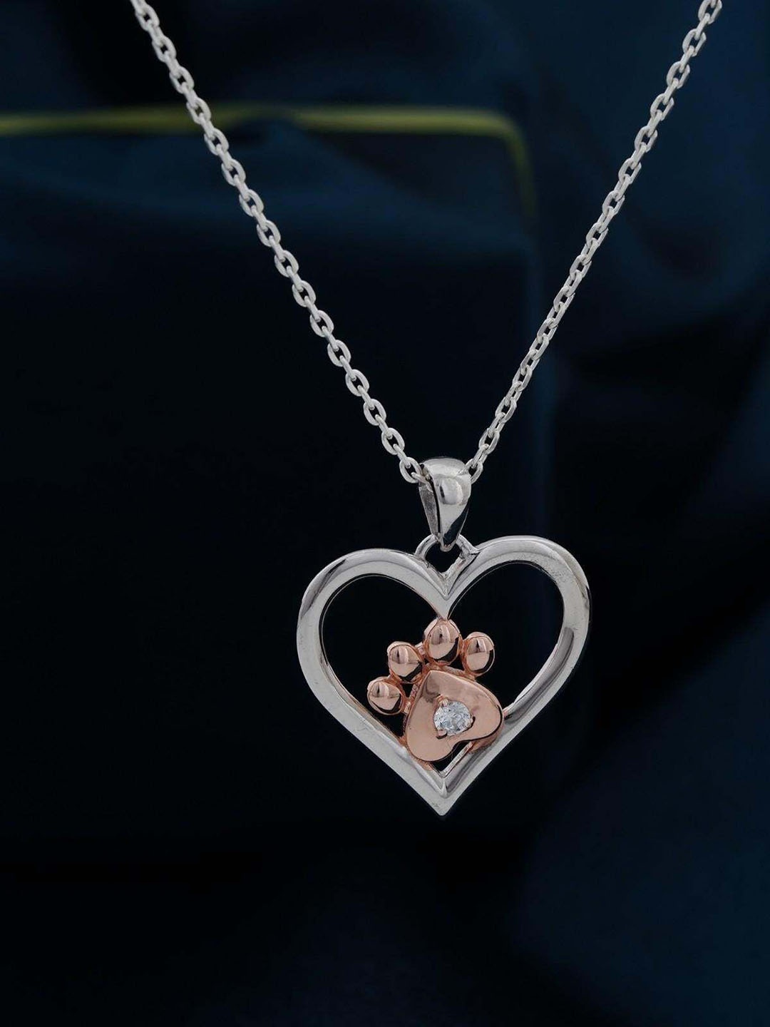 

Zalkari Rhodium-Plated Sterling Silver Cubic Zirconia Heart Paw Two Tone Pendant