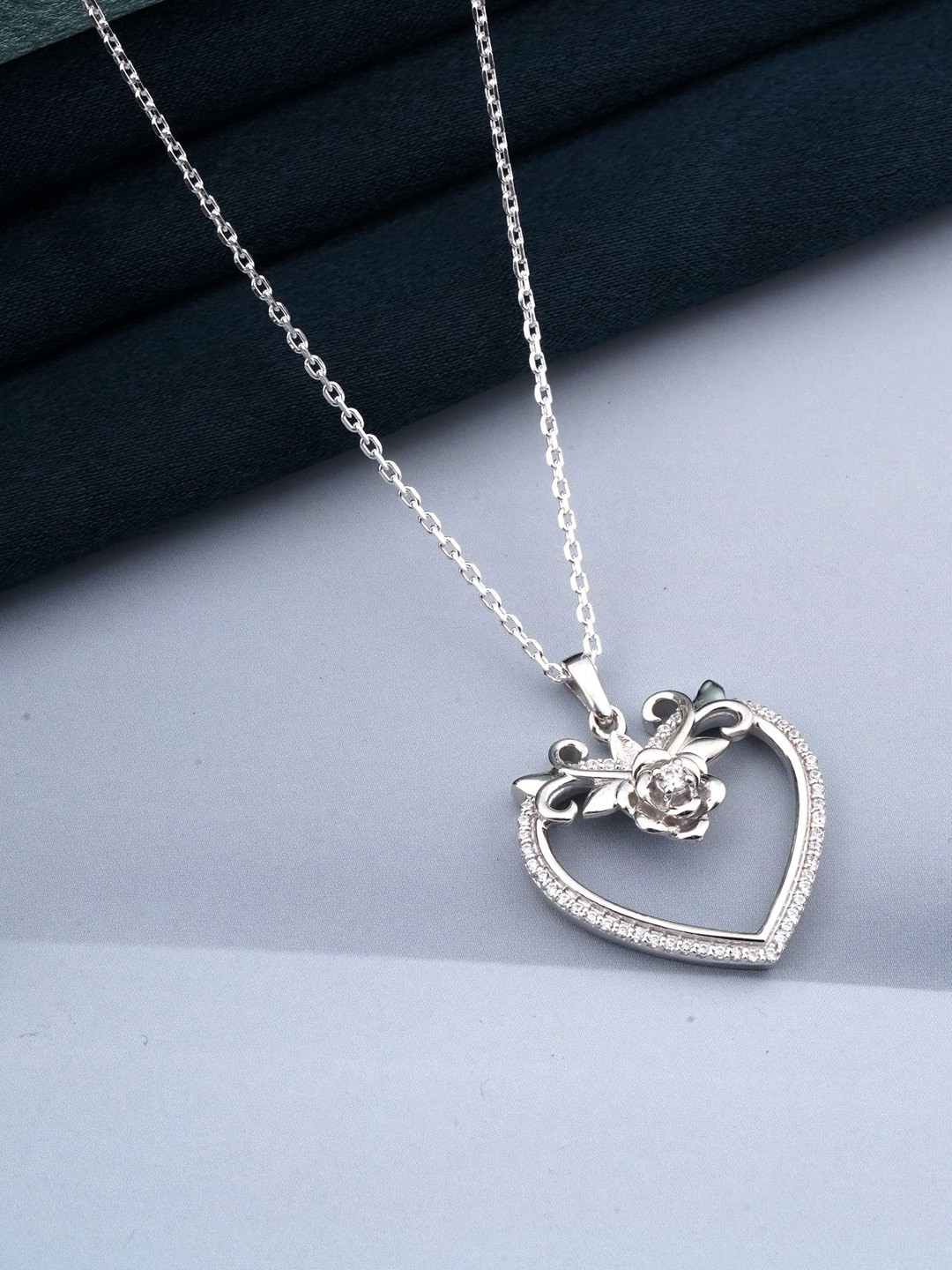 

Zalkari Rhodium-Plated Sterling Silver Cubic Zirconia Heart Flower Style Love Pendant