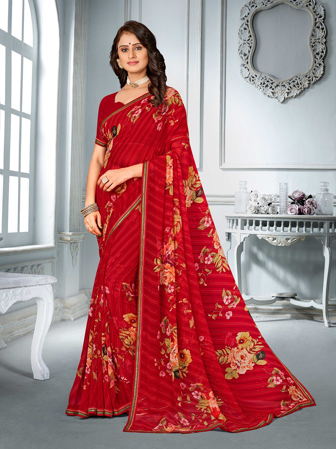 

Laxmipati Floral Poly Georgette Saree, Red