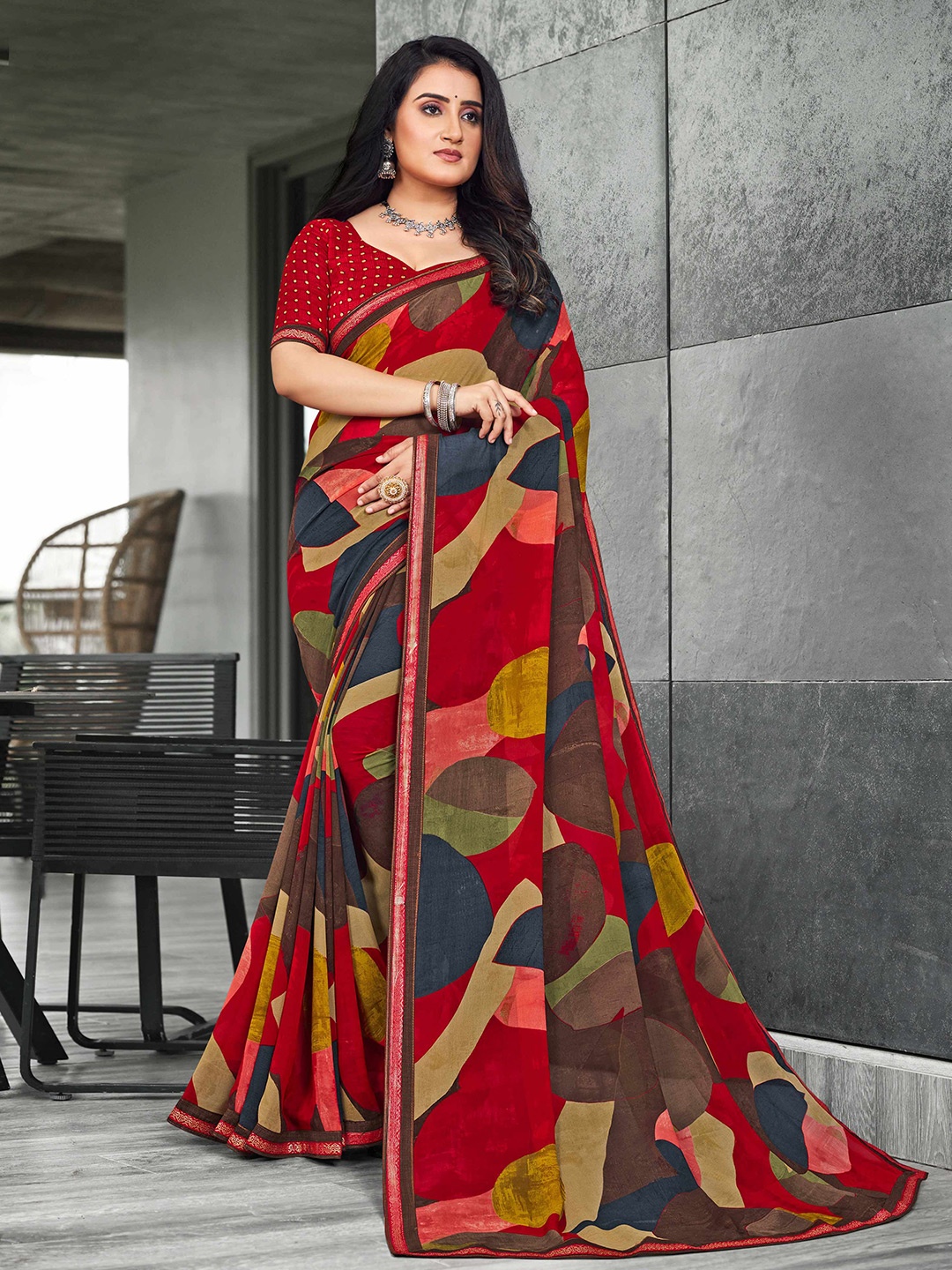

Laxmipati Embroidered Printed Saree, Red