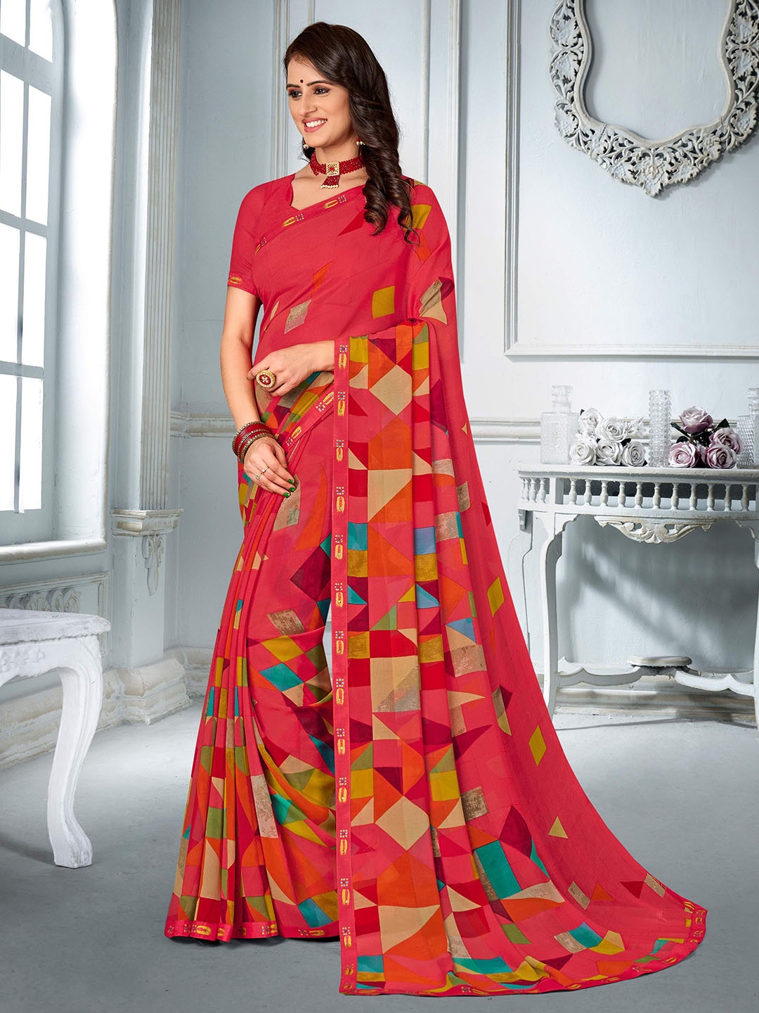 

Laxmipati Geometric Printed Embroidered Saree, Pink
