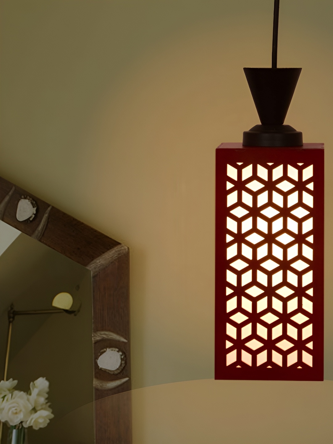 

Gojeeva Red & White Textured Wooden Rectangle Shaped Wall Lamp