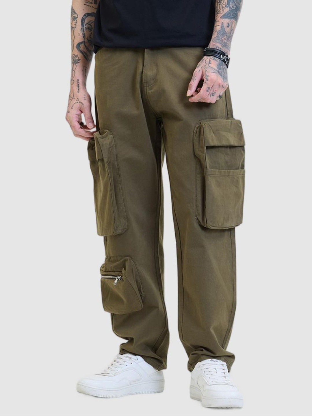 

Snitch Olive Plain Relaxed Fit Cargo Pants