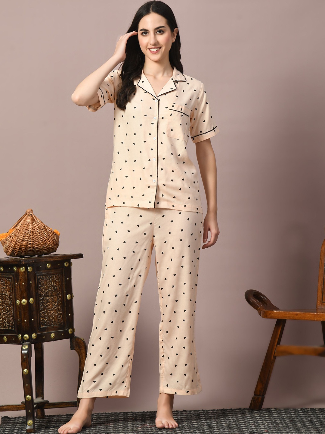 

Dreambe Women Printed Night suit, Peach