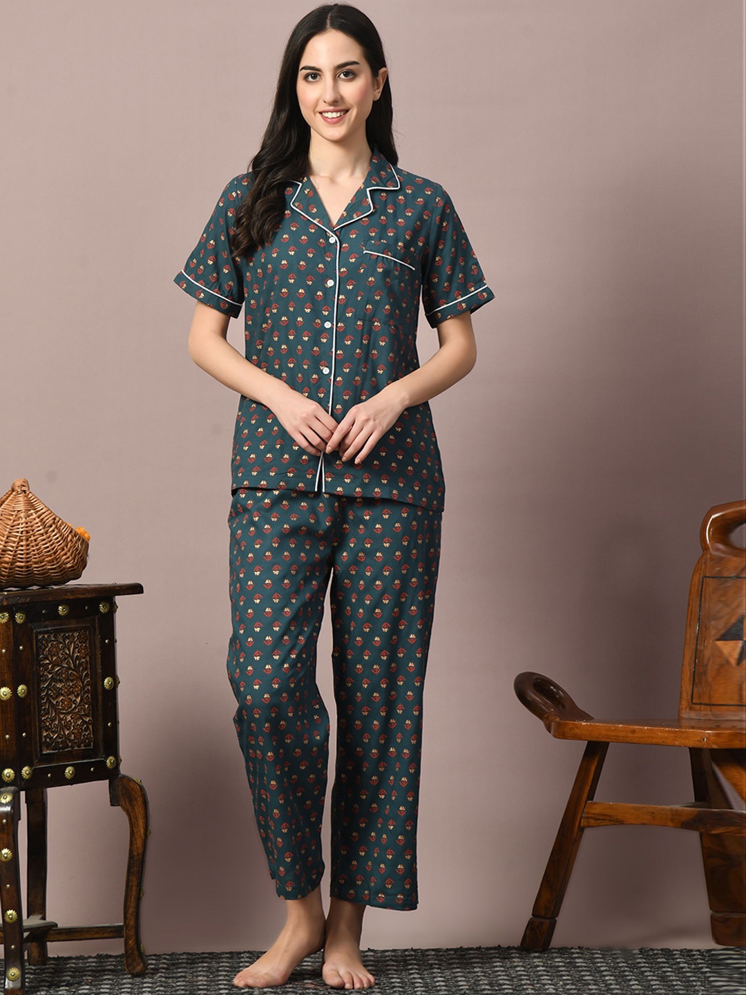 

Dreambe Women Floral Printed Night suit, Green