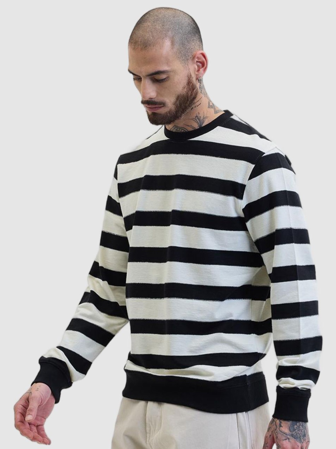 

Snitch Men Striped Cotton Pullover, Black