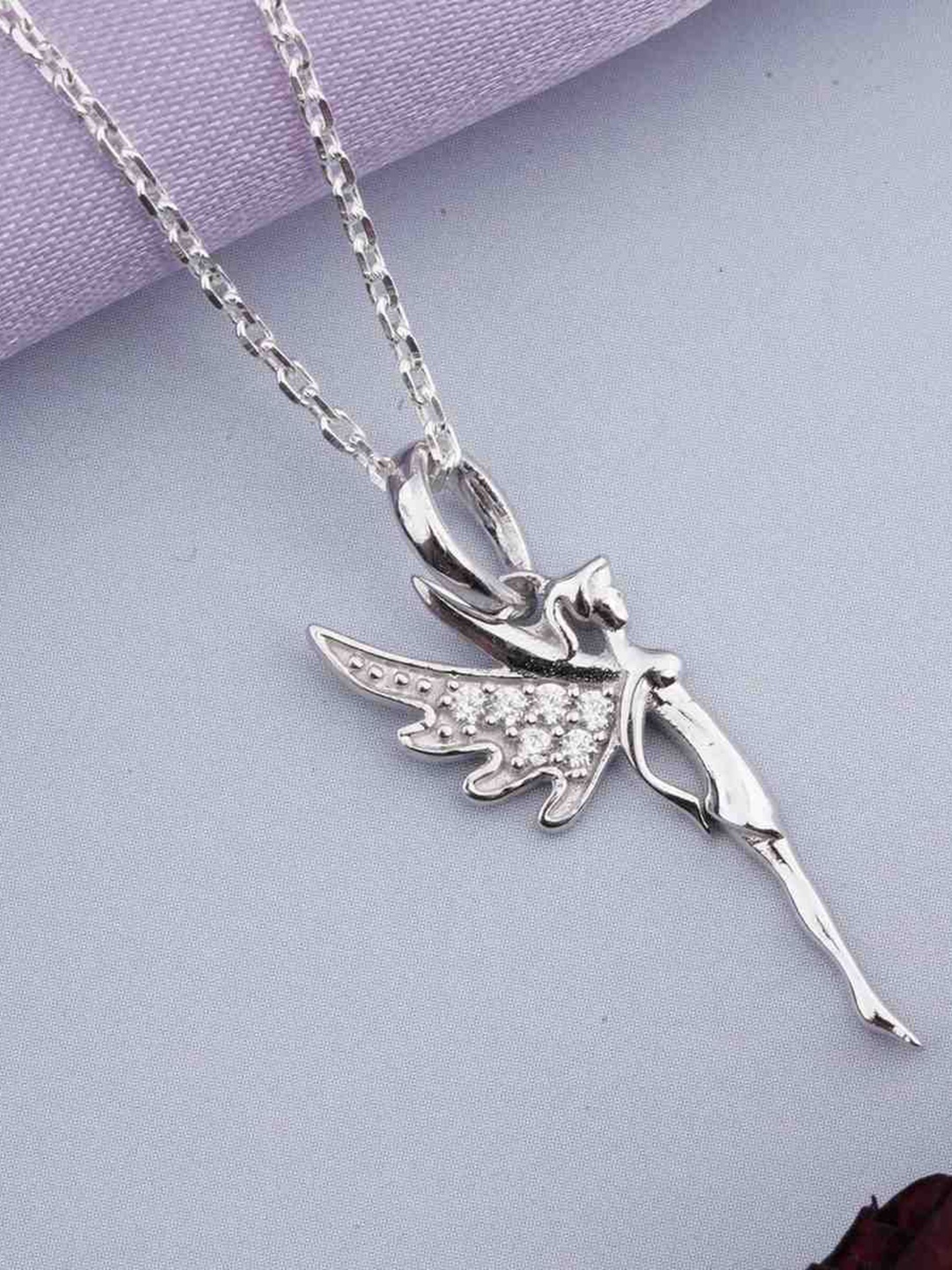 

Zalkari Sterling Silver Rhodium-Plated CZ Studded Flying Angel Fairy Charm Pendant