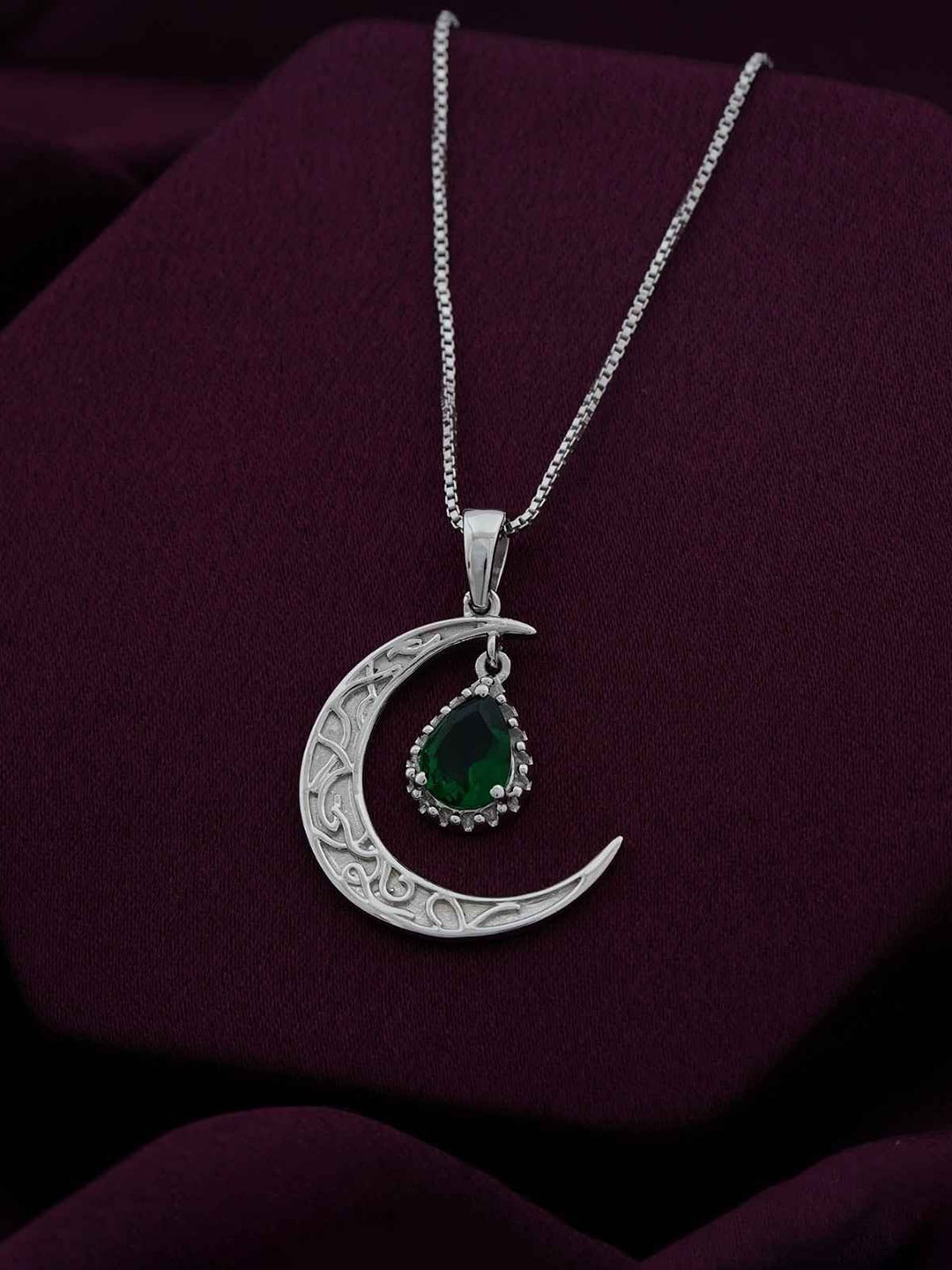 

Zalkari Sterling Silver Rhodium-Plated CZ Studded Eclipse Crescent Moon Shaped Pendant