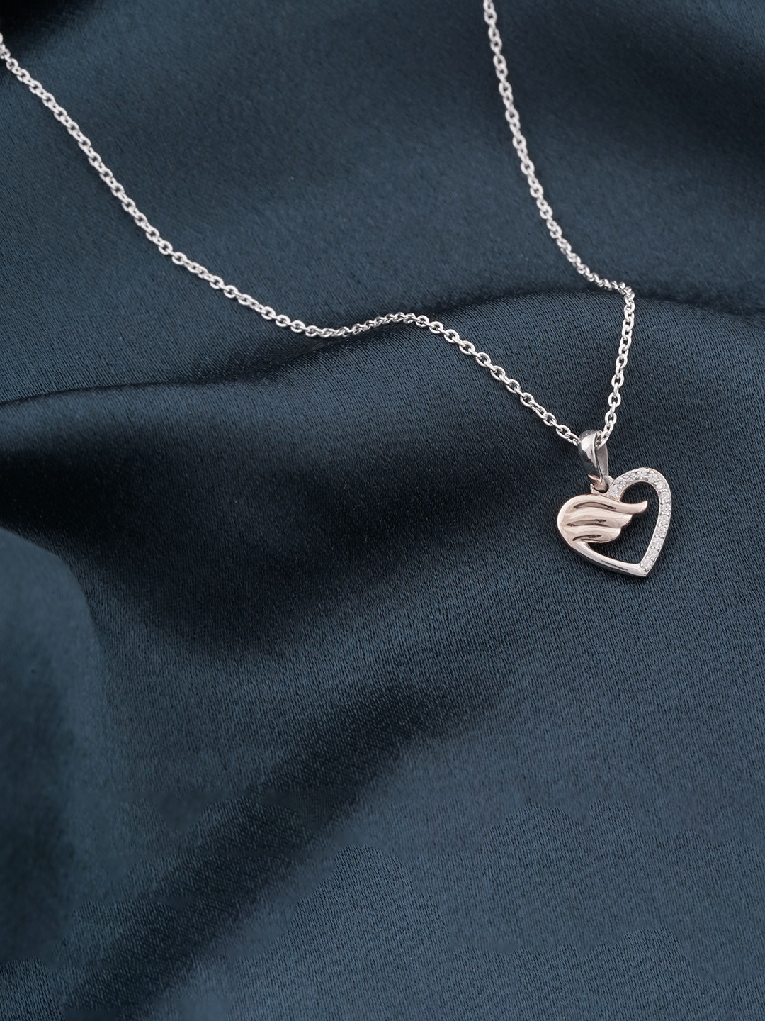 

Zalkari Sterling Silver Rhodium-Plated CZ Studded Angel Wing Heart Shaped Pendant
