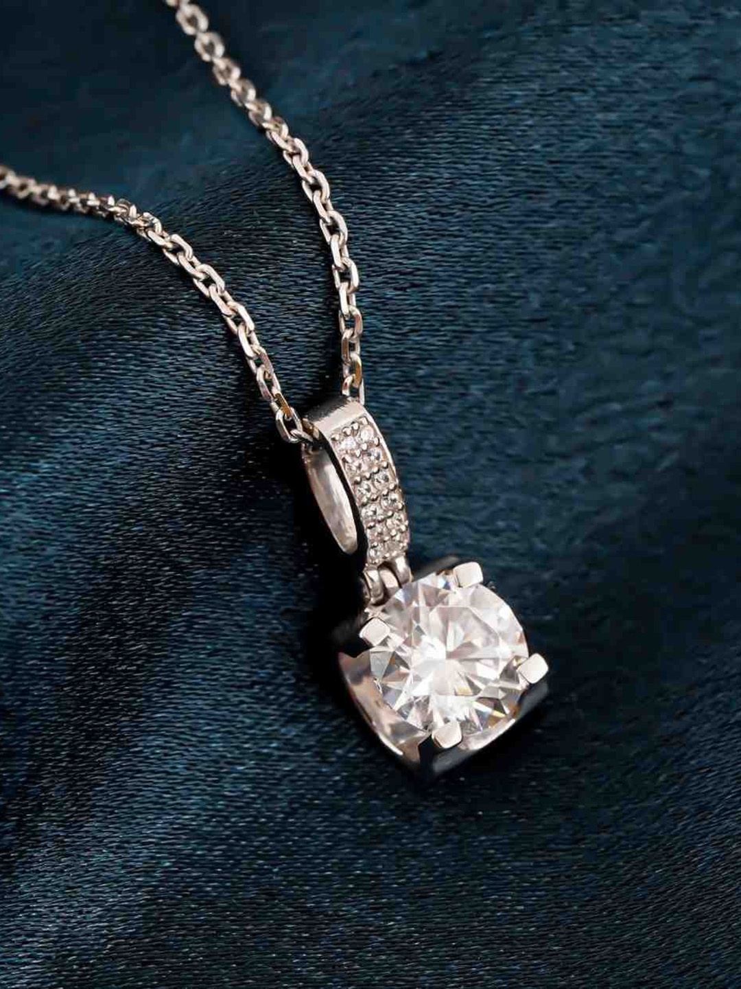 

Zalkari Sterling Silver Rhodium-Plated CZ Studded Square Shaped Pendants