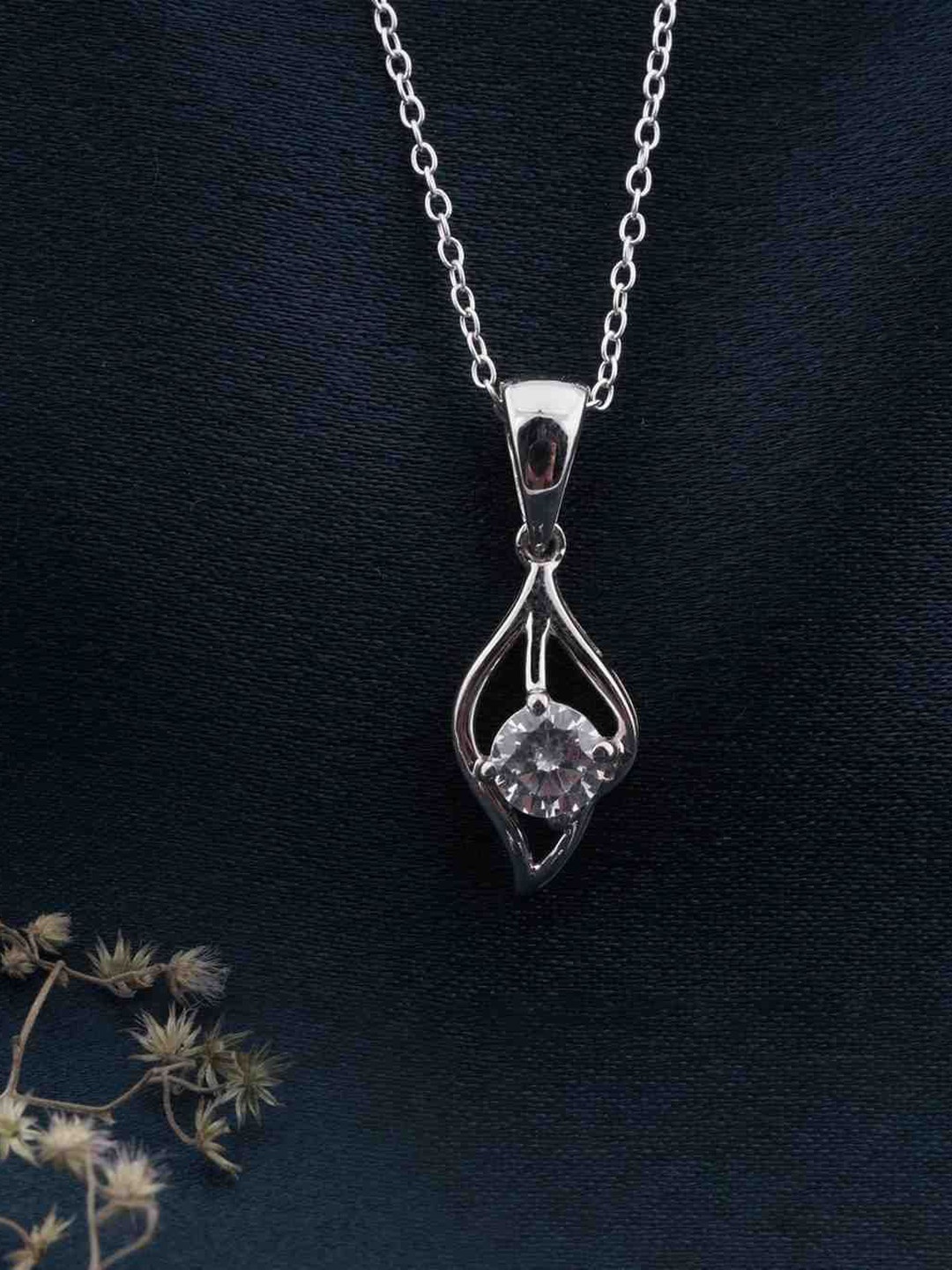 

Zalkari Sterling Silver Rhodium-Plated CZ Studded Feather Shaped Pendant