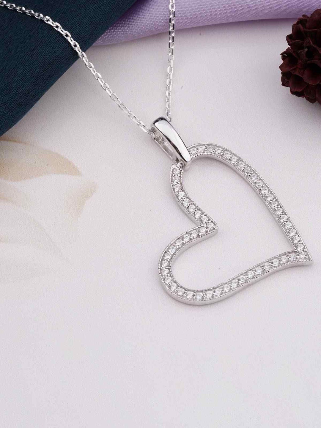 

Zalkari Sterling Silver Rhodium-Plated Cubic Zirconia Studded Heart Shaped Pendant