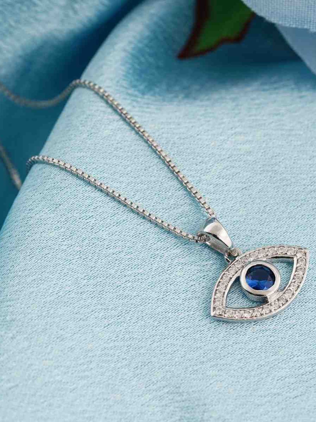 

Zalkari Sterling Silver Rhodium-Plated Cubic Zirconia Studded Evil Eye Pendant