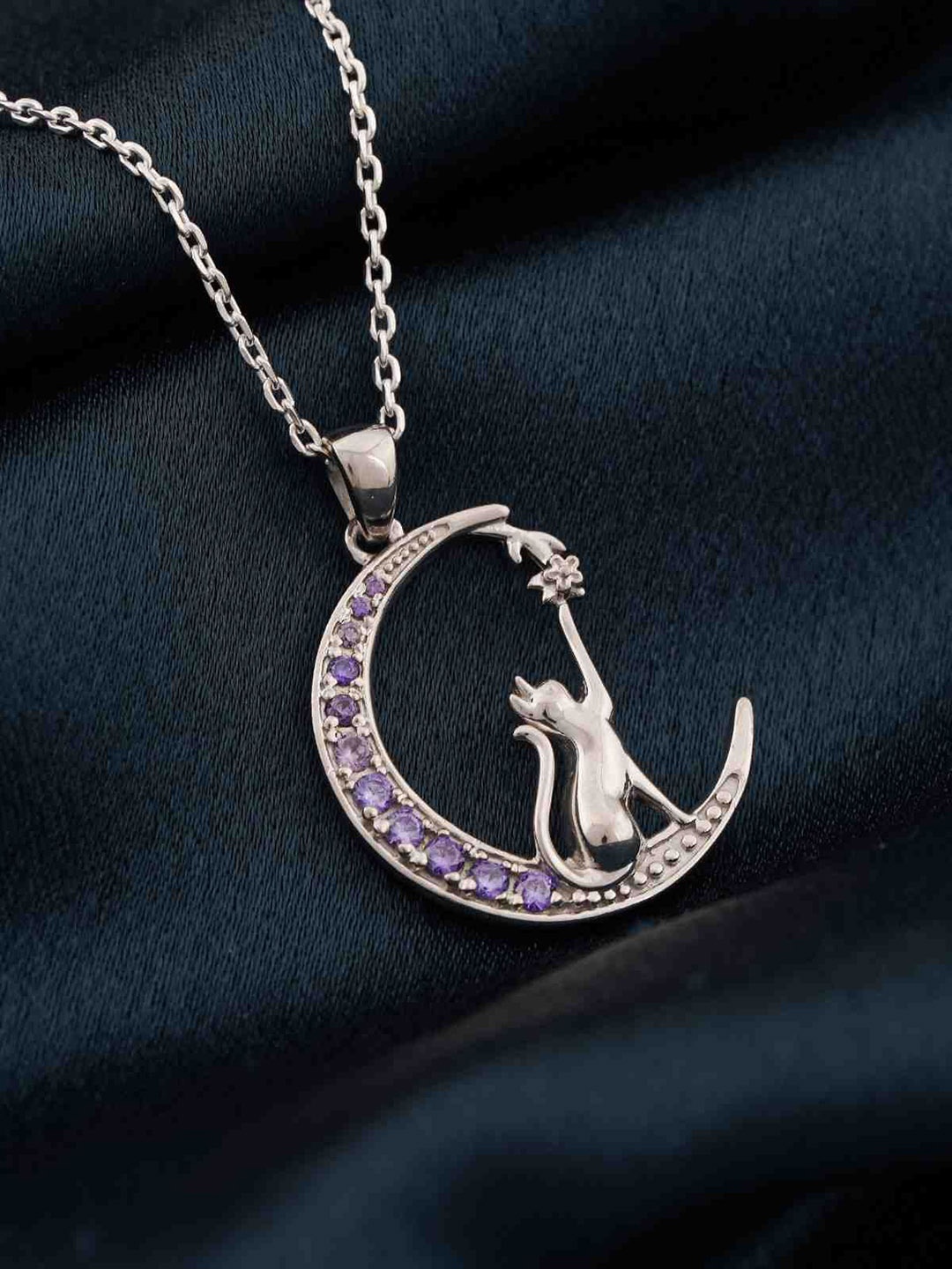 

Zalkari Sterling Silver Rhodium-Plated Cubic Zirconia Studded Amethyst Moon Cat Pendant