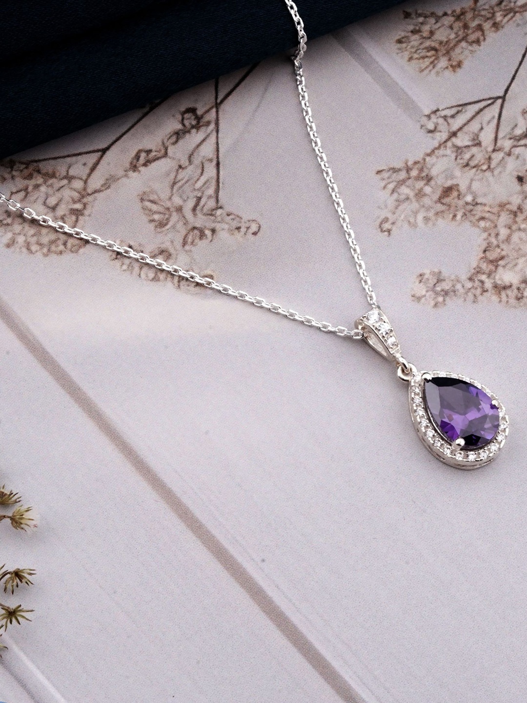 

Zalkari Sterling Silver Rhodium-Plated Amethyst-Stone Studded Pear Drop Halo Pendant