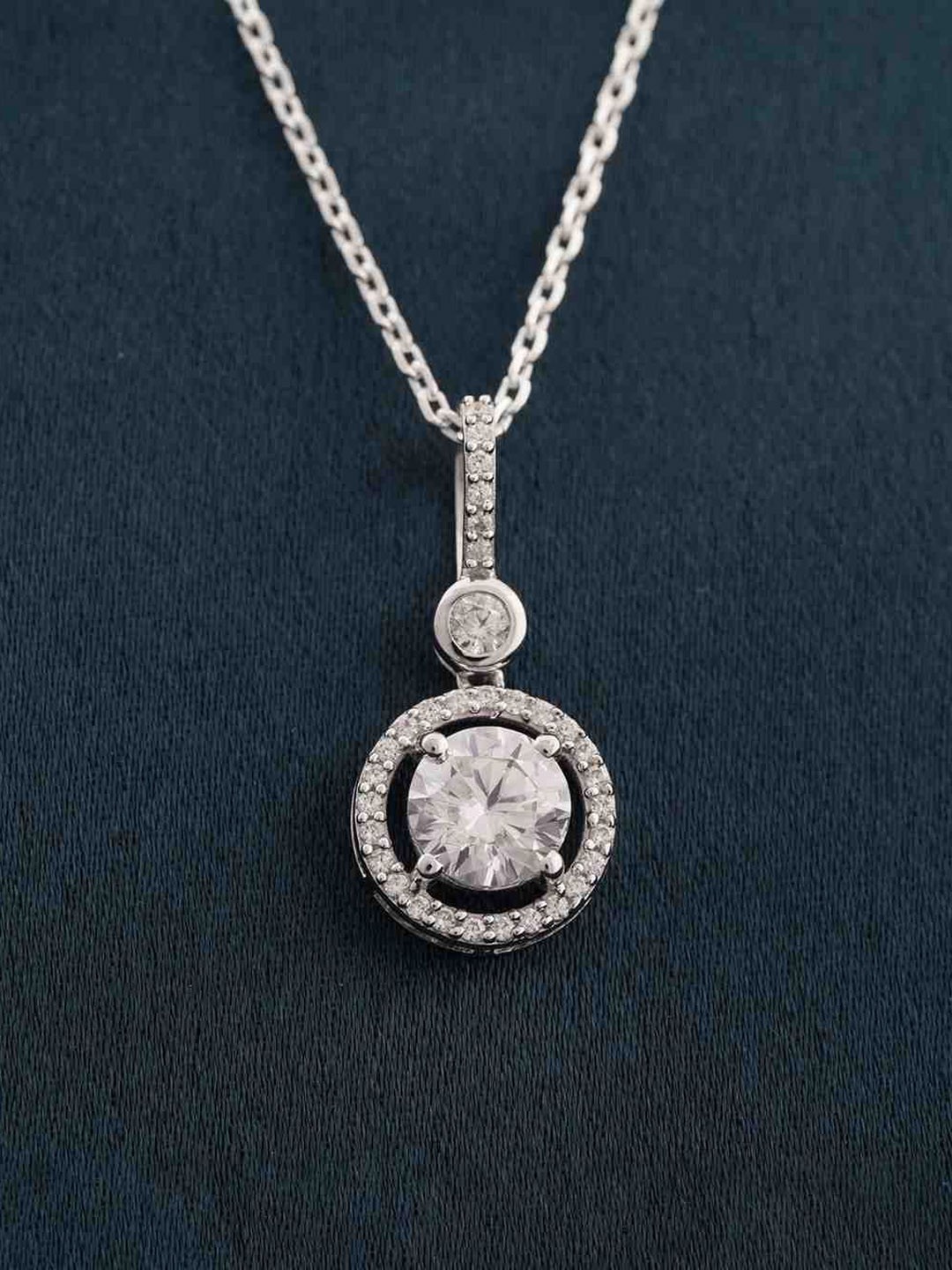 

Zalkari Sterling Silver Rhodium-Plated Cubic Zirconia Studded Drizzle Halo Pendant