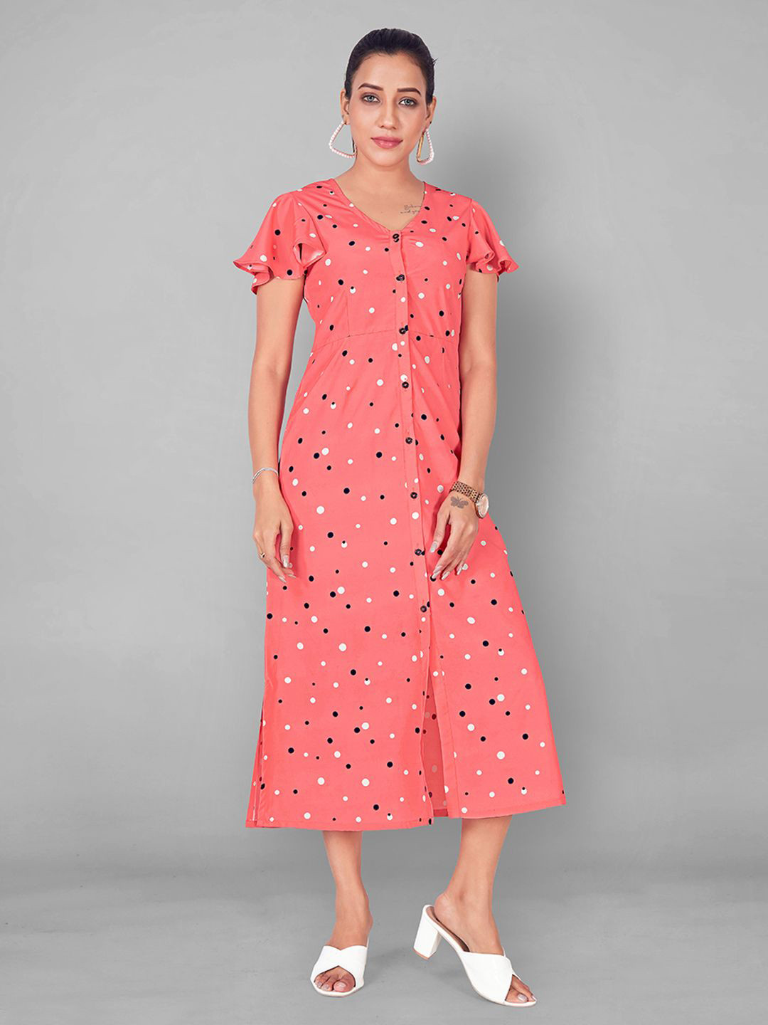 

Moda Rapido Women Polka Dot Printed A-Line Midi Dress, Coral