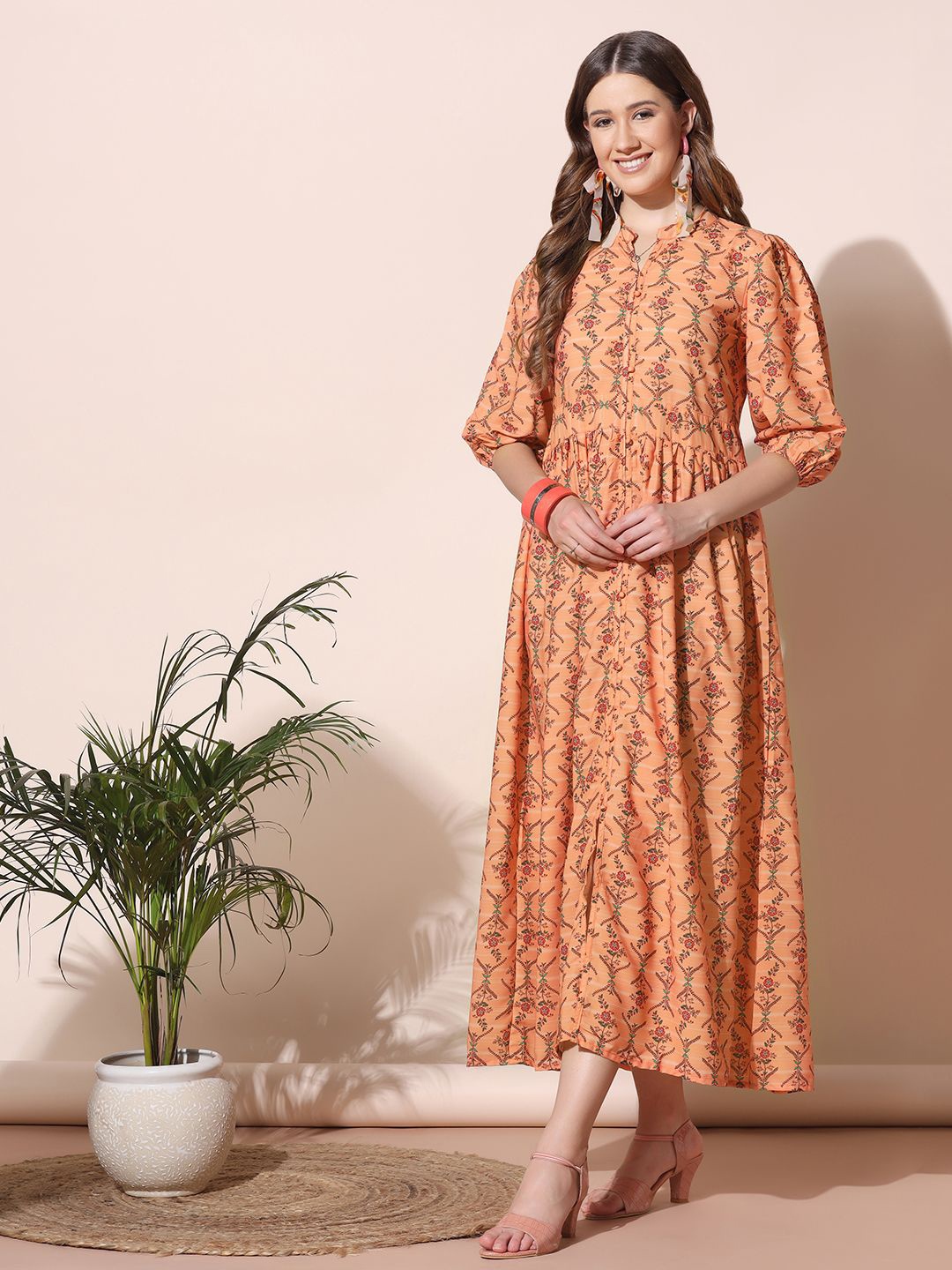 

Moda Rapido Floral Printed Mandarin Collar Puff Sleeve Chiffon Fit & Flare Midi Dress, Orange