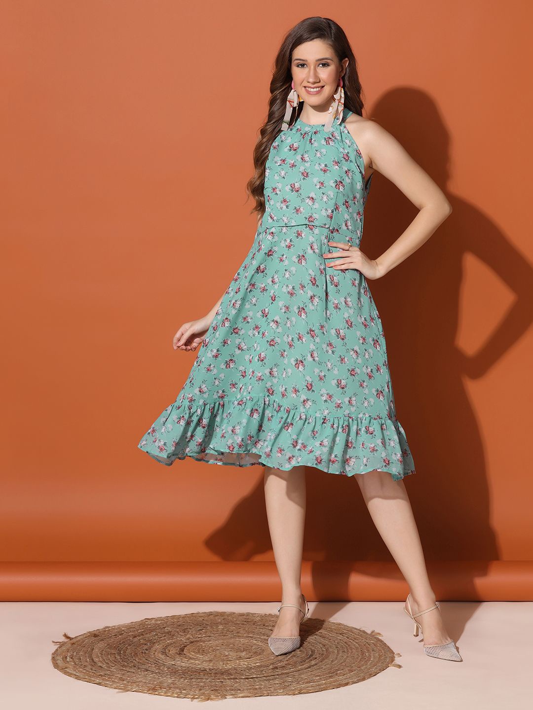 

Moda Rapido Rama Floral Printed Halter Neck Georgette Fit and Flare Dress, Blue