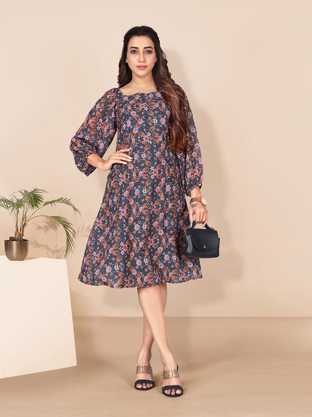 

Moda Rapido Women Floral Printed Square Neck Puff Sleeve A-Line Dress, Teal