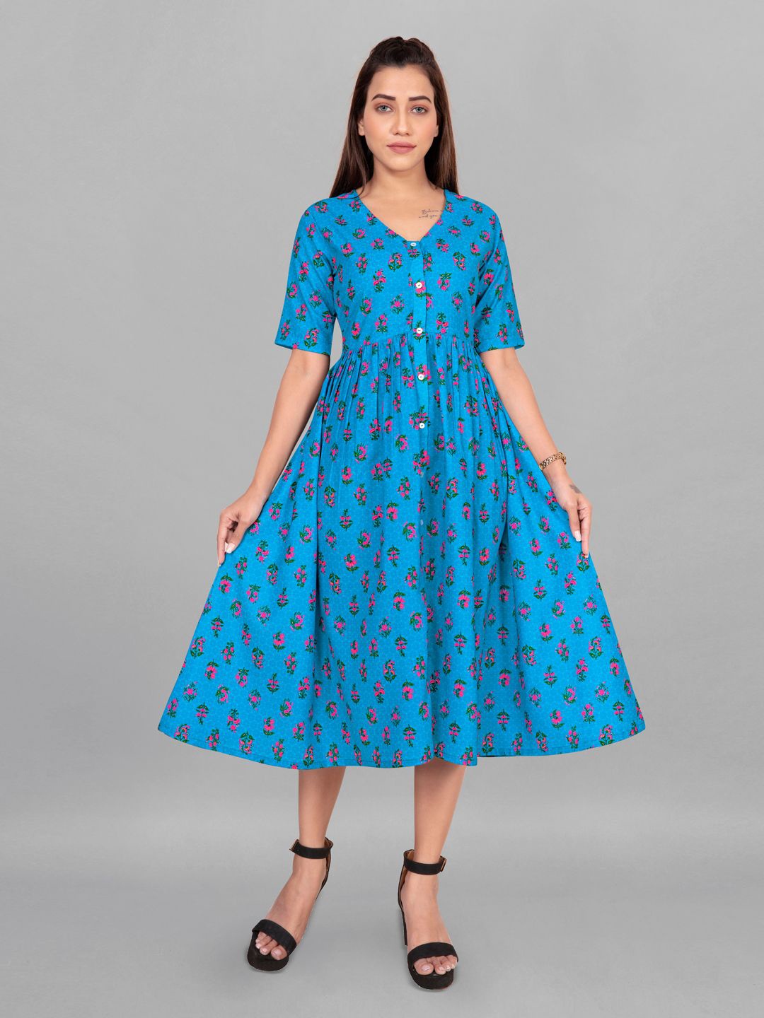 

Moda Rapido Women Floral Printed Fit & Flare Midi Dress, Blue