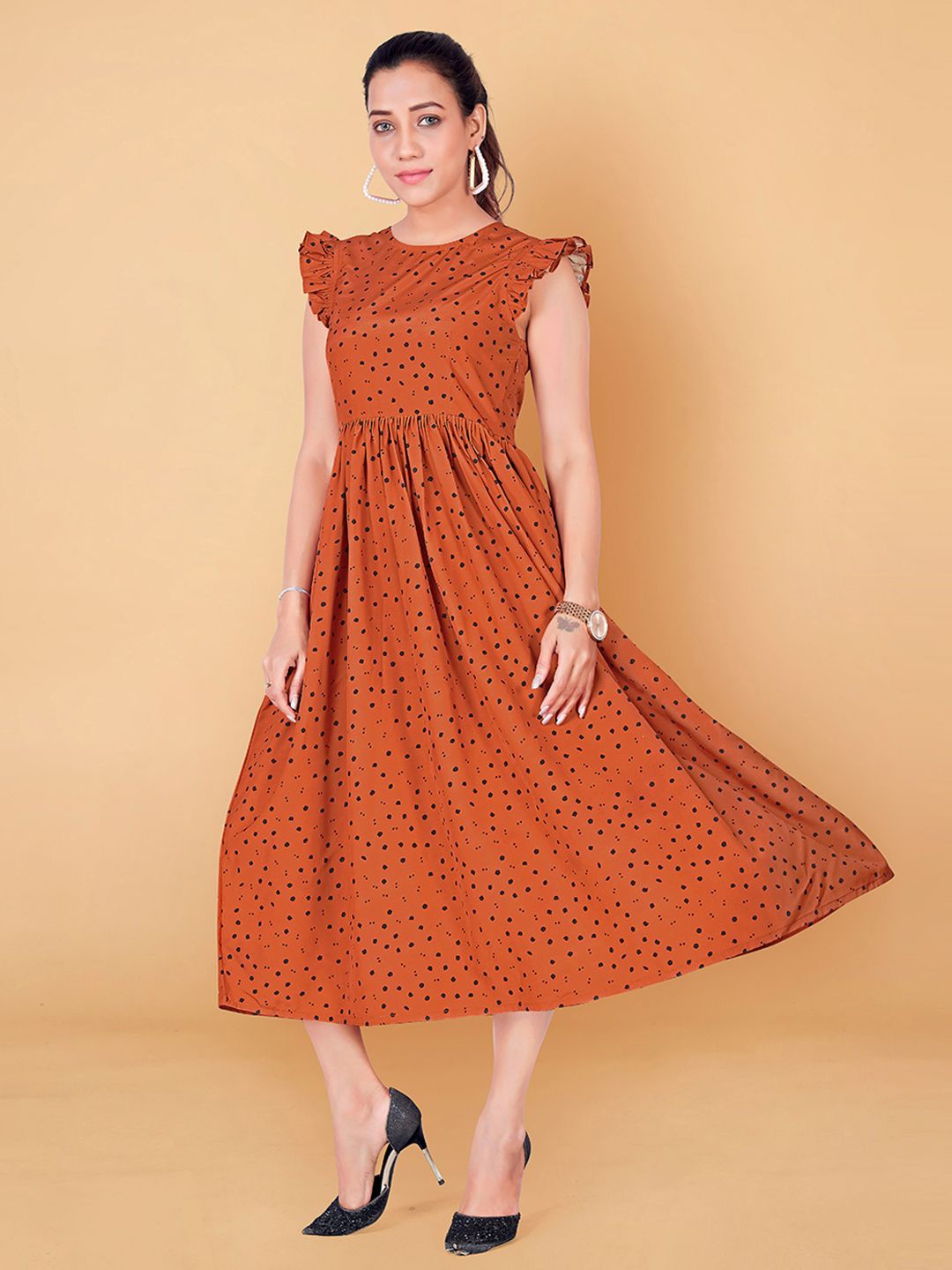 

Moda Rapido Polka Dot Printed A-Line Midi Dress, Rust