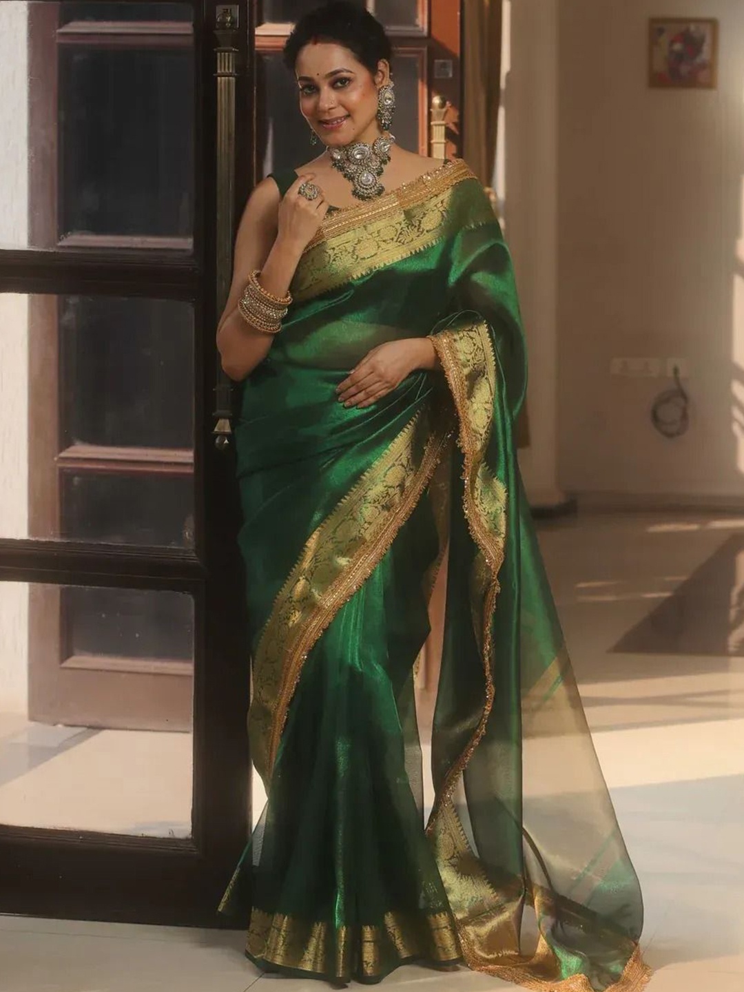 

bansari textiles Woven Design Zari Tissue Maheshwari Saree, Green