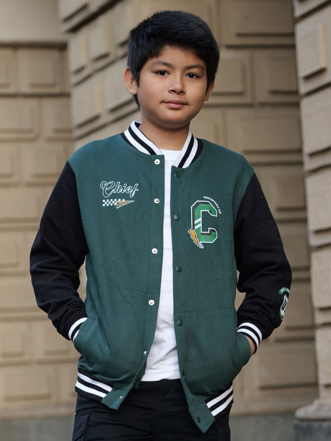 

Nap Chief Unisex Kids Stand Collar Typography Printed Cotton Casual Varsity Jacket, Teal