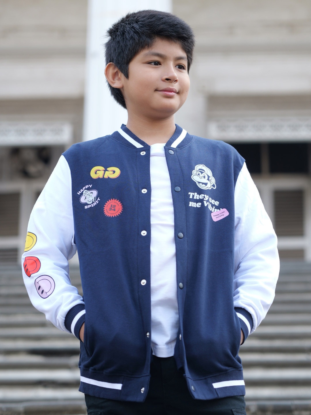 

Nap Chief Unisex Kids Stand Collar Typography Printed Cotton Casual Varsity Jacket, Navy blue
